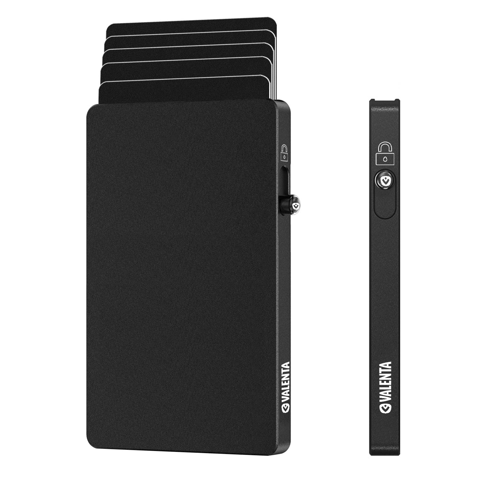 Zwarte aluminium pasjeshouder met MagSafe met uitgeworpen pasjes en knop naar beneden, Valenta-logo op de zijkant, voor- en zijaanzicht.