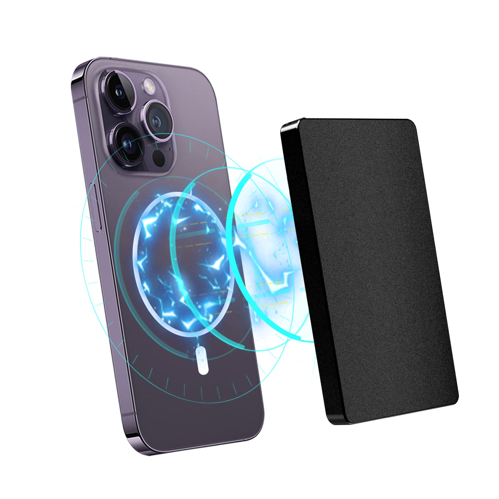 Zwarte aluminium pasjeshouder met MagSafe zwevend over de iPhone, aangetrokken door sterke MagSafe-magneten.