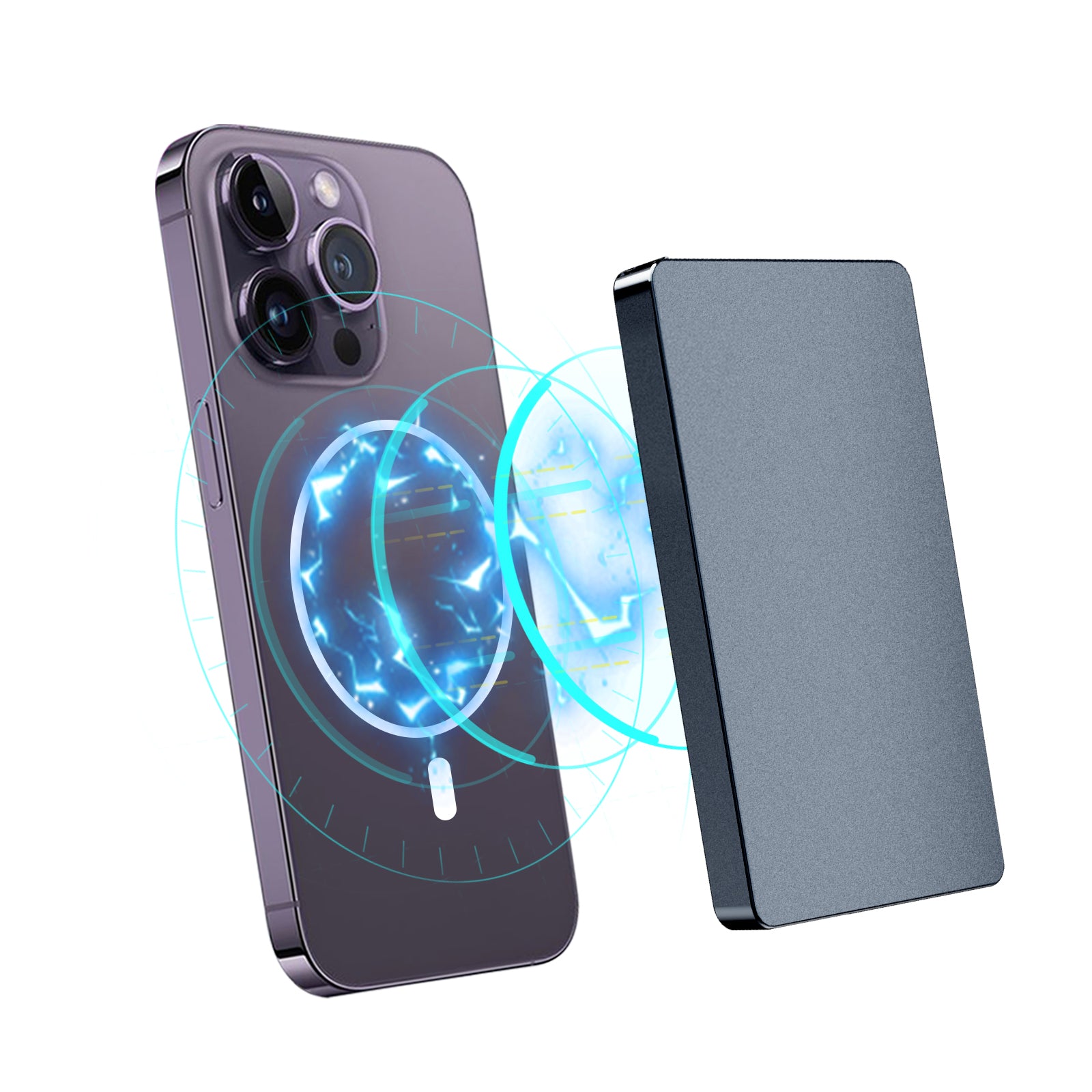 Leigrijse aluminium pasjeshouder met MagSafe zwevend over de iPhone, aangetrokken door sterke MagSafe-magneten.