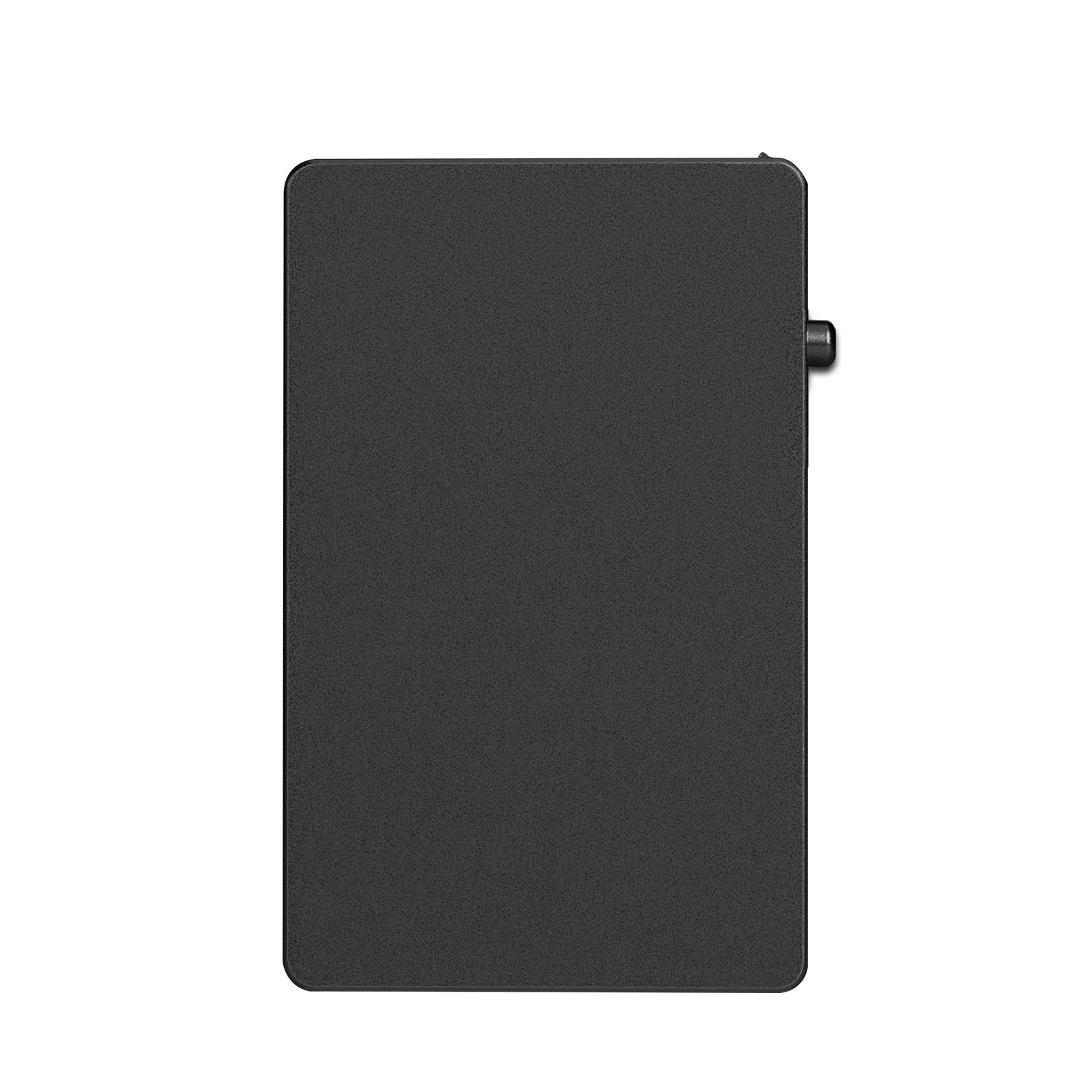 Grafiet grijze aluminium pasjeshouder met MagSafe infografiek van hoe het sluitingsmechanisme werkt, druk de knop omlaag om kaarten uit te werpen, druk de knop omhoog om de sluiting te activeren.