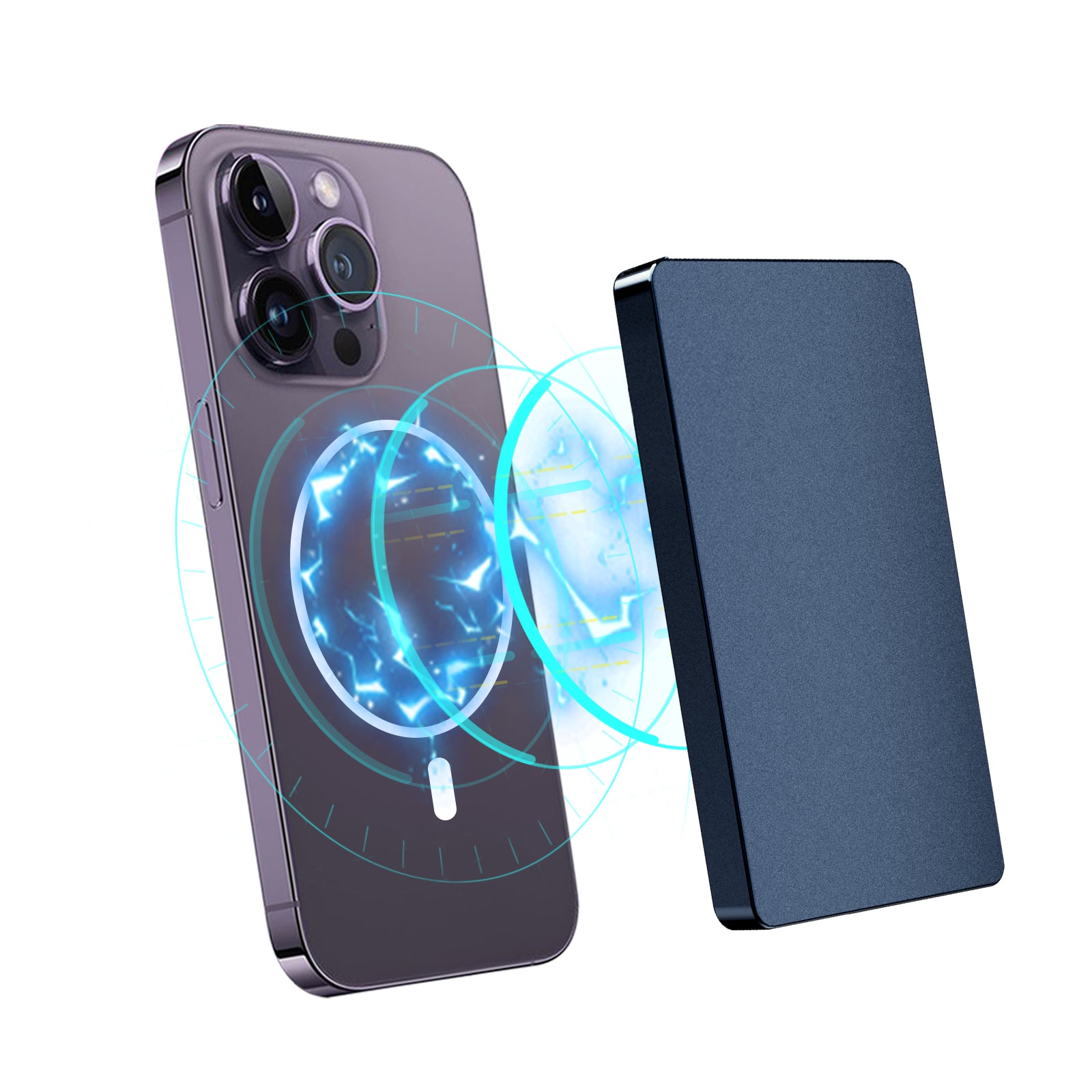 Titanium blauwe aluminium pasjeshouder met MagSafe zwevend over de iPhone, aangetrokken door sterke MagSafe-magneten.