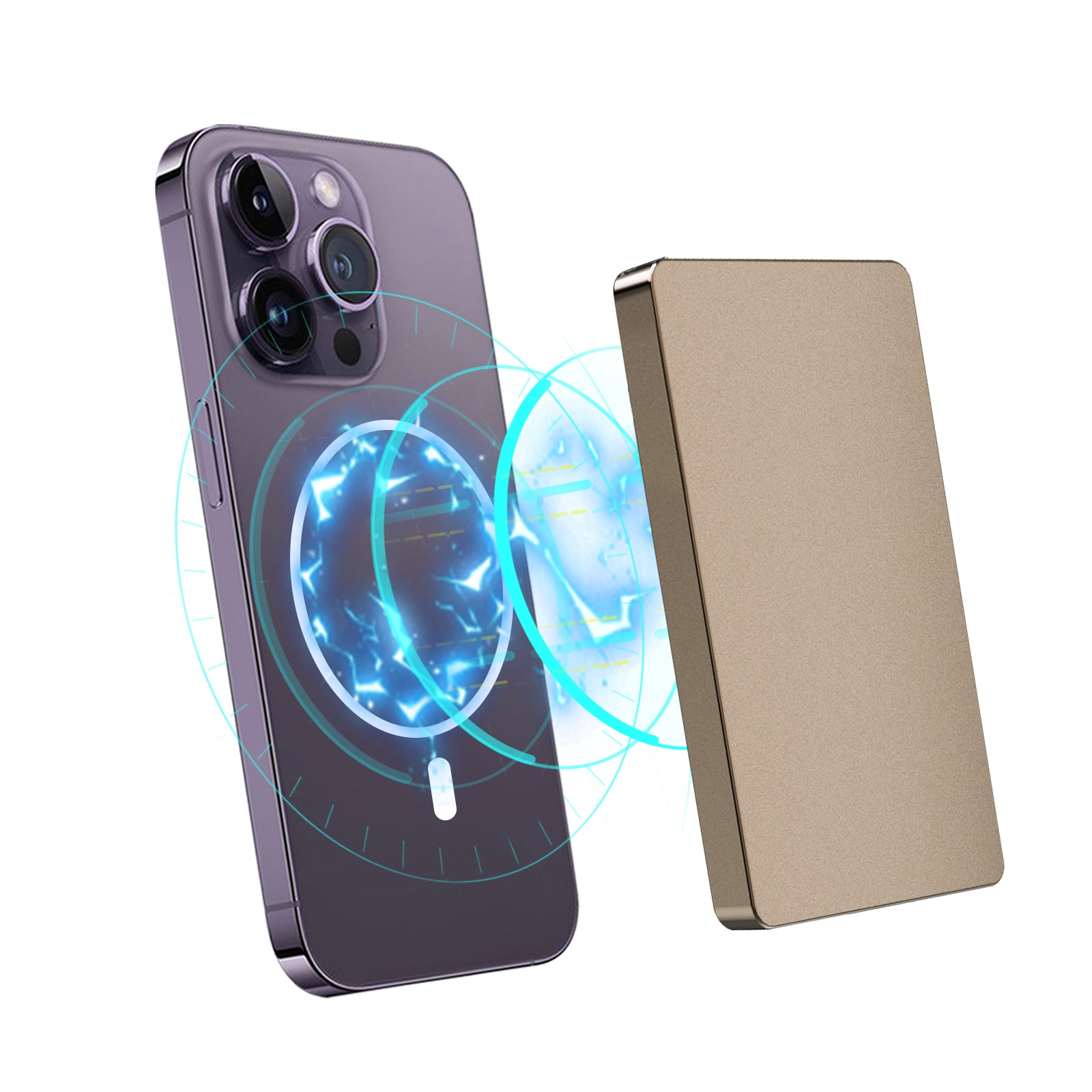 Naturel titanium gekleurde aluminium pasjeshouder met MagSafe zwevend over de iPhone, aangetrokken door sterke MagSafe-magneten.