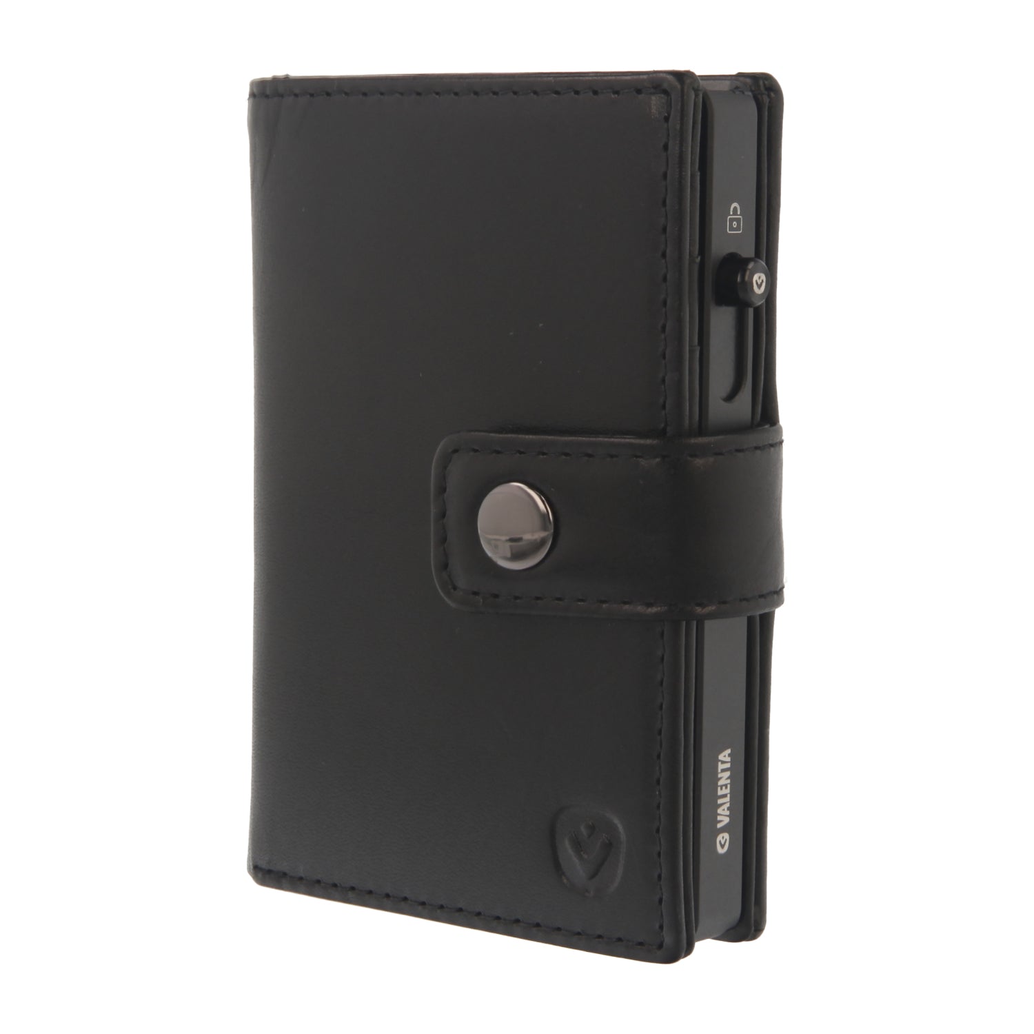 Valenta Mix & MagSafe 2 in 1 bundle with black aluminium card holder and black leather wallet luxe, front angled view.
