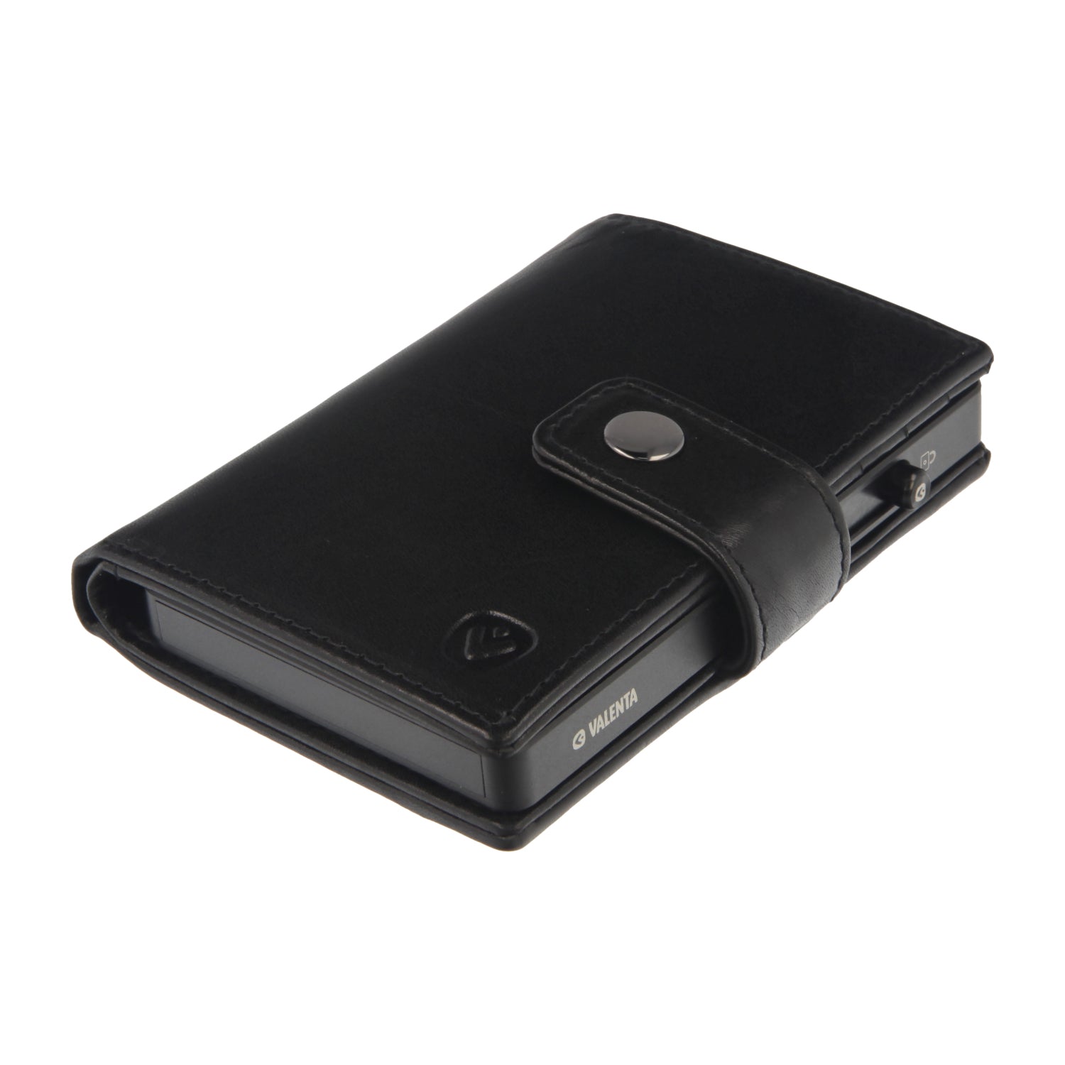 Valenta Mix & MagSafe 2 in 1 bundle with black aluminium card holder and black leather wallet luxe, angled top view.