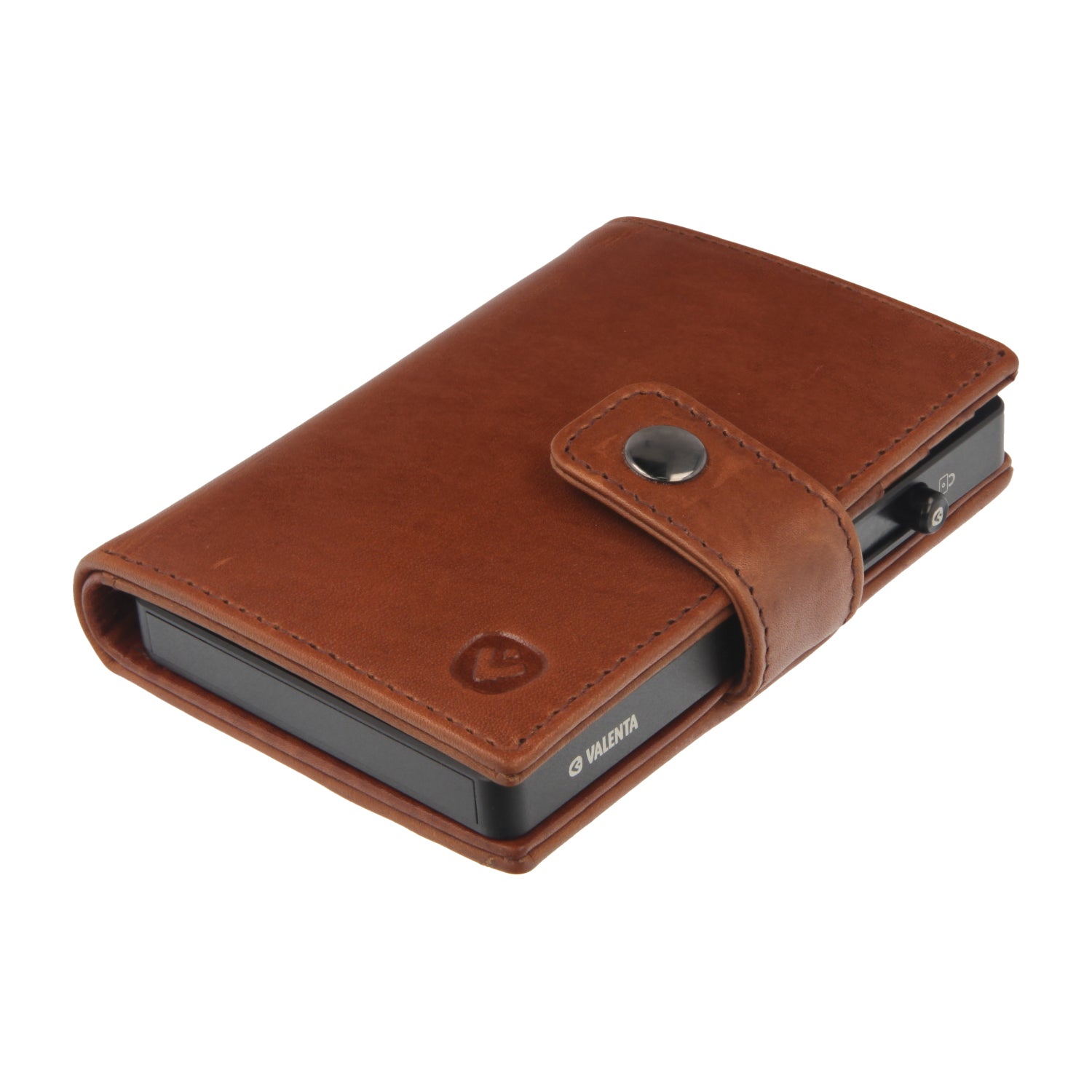 Valenta Mix & MagSafe 2 in 1 bundle with black aluminium card holder and cognac brown leather wallet luxe, angled top view.