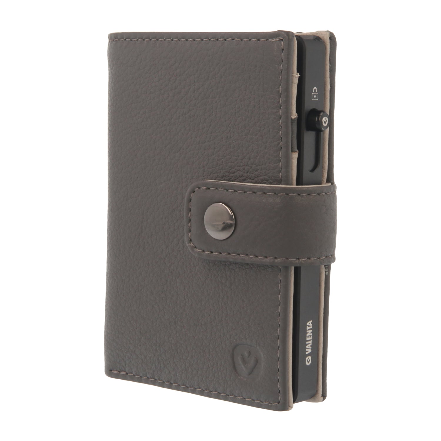 Valenta Mix & MagSafe 2 in 1 bundle with black aluminium card holder and grey leather wallet luxe, front angled view.