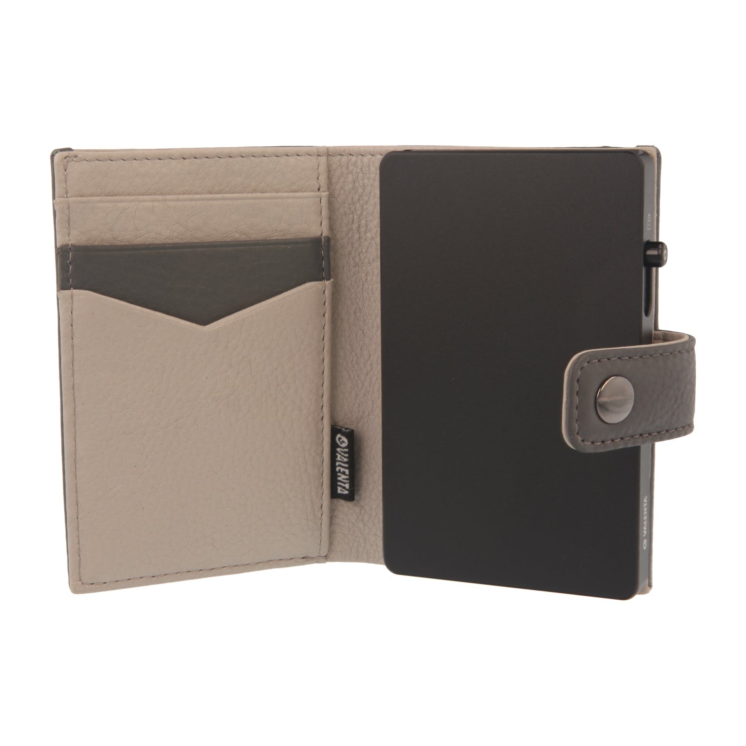 Valenta Mix & MagSafe 2 in 1 bundle with black aluminium card holder and grey leather wallet luxe, front view with opened wallet.