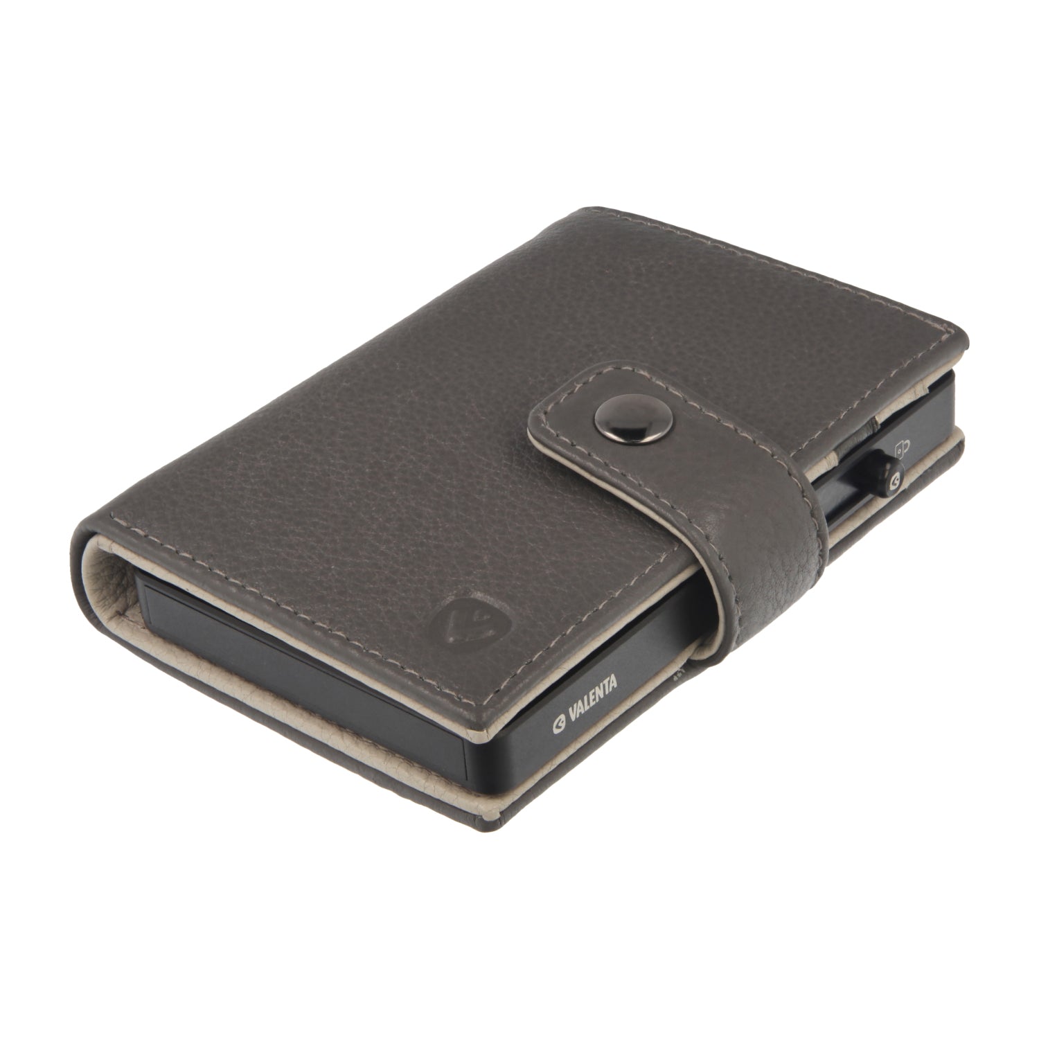 Valenta Mix & MagSafe 2 in 1 bundle with black aluminium card holder and grey leather wallet luxe, angled top view.