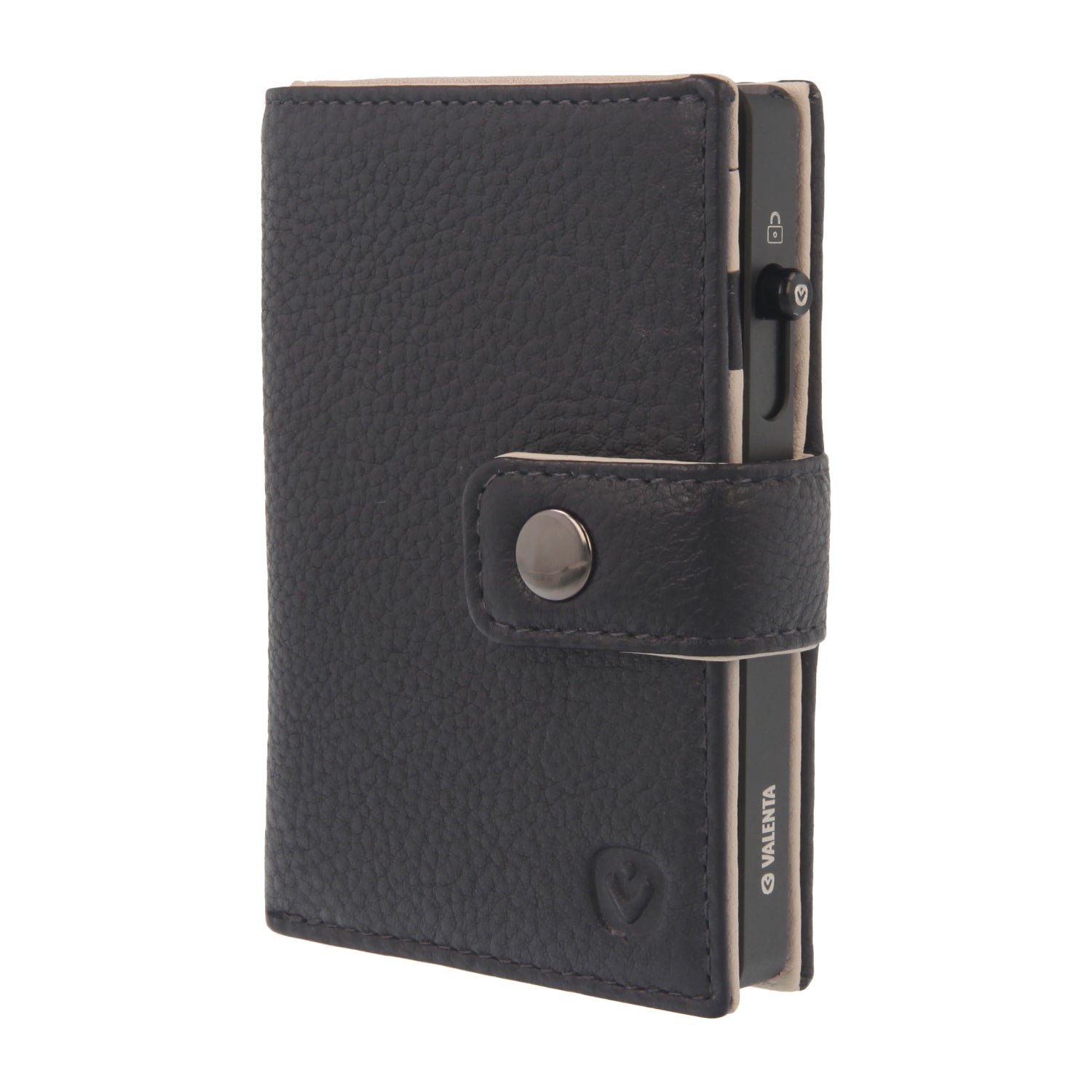 Valenta Mix & MagSafe 2 in 1 bundle with black aluminium card holder and navy blue leather wallet luxe, front angled view.