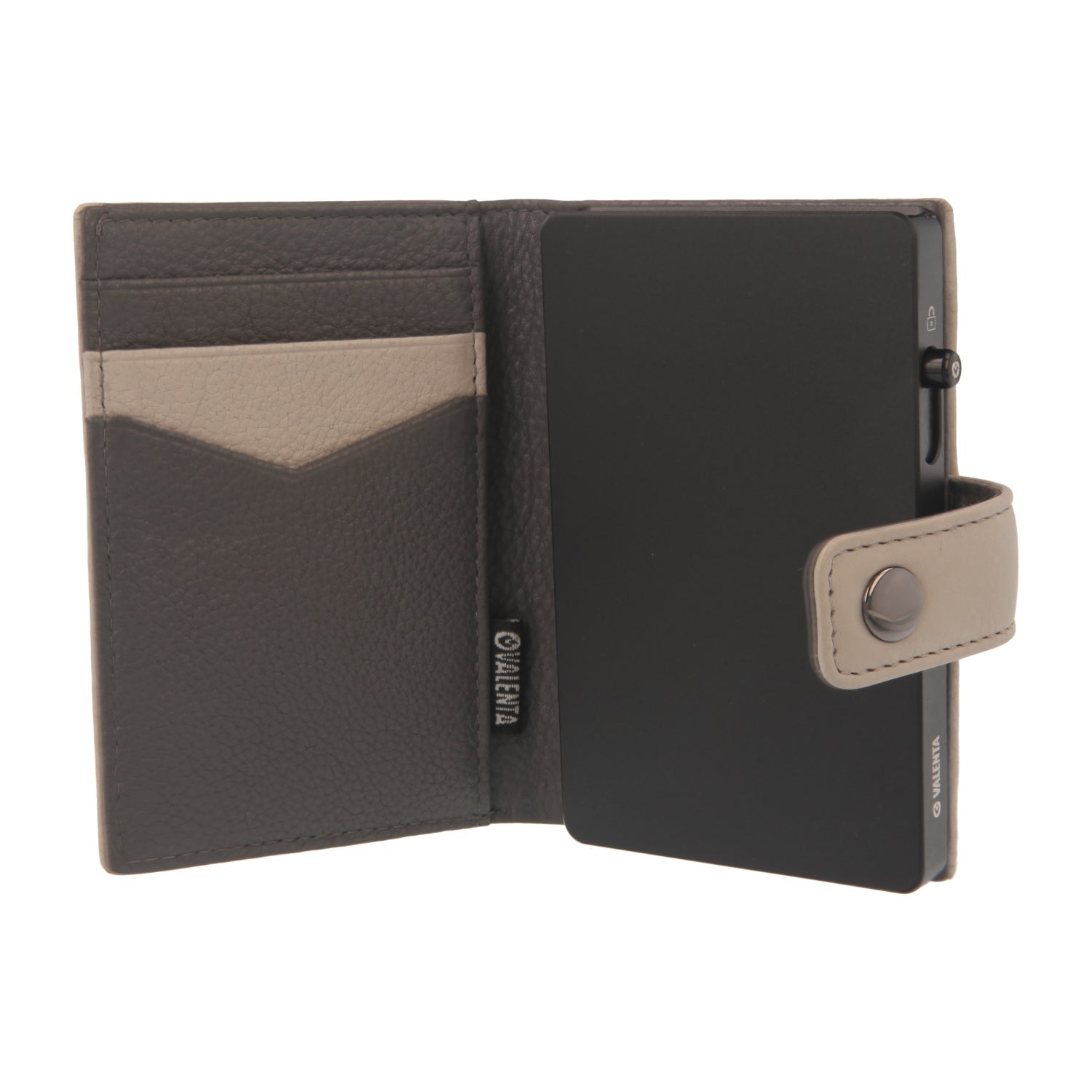 Valenta Mix & MagSafe 2 in 1 bundle with black aluminium card holder and off-white leather wallet luxe, front view with opened wallet.