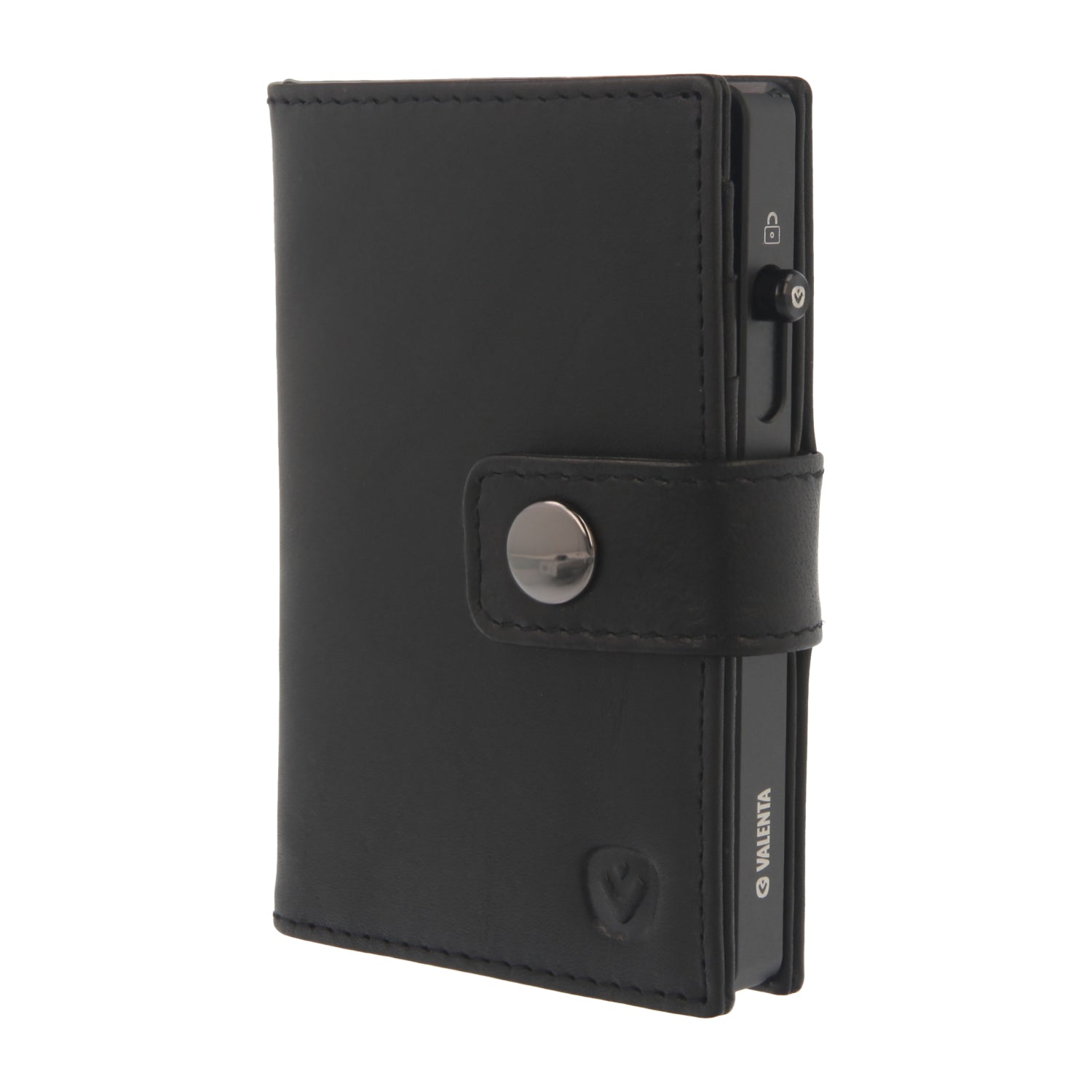 Valenta Mix & MagSafe 2 in 1 bundle with black aluminium card holder and black leather wallet , front angled view.