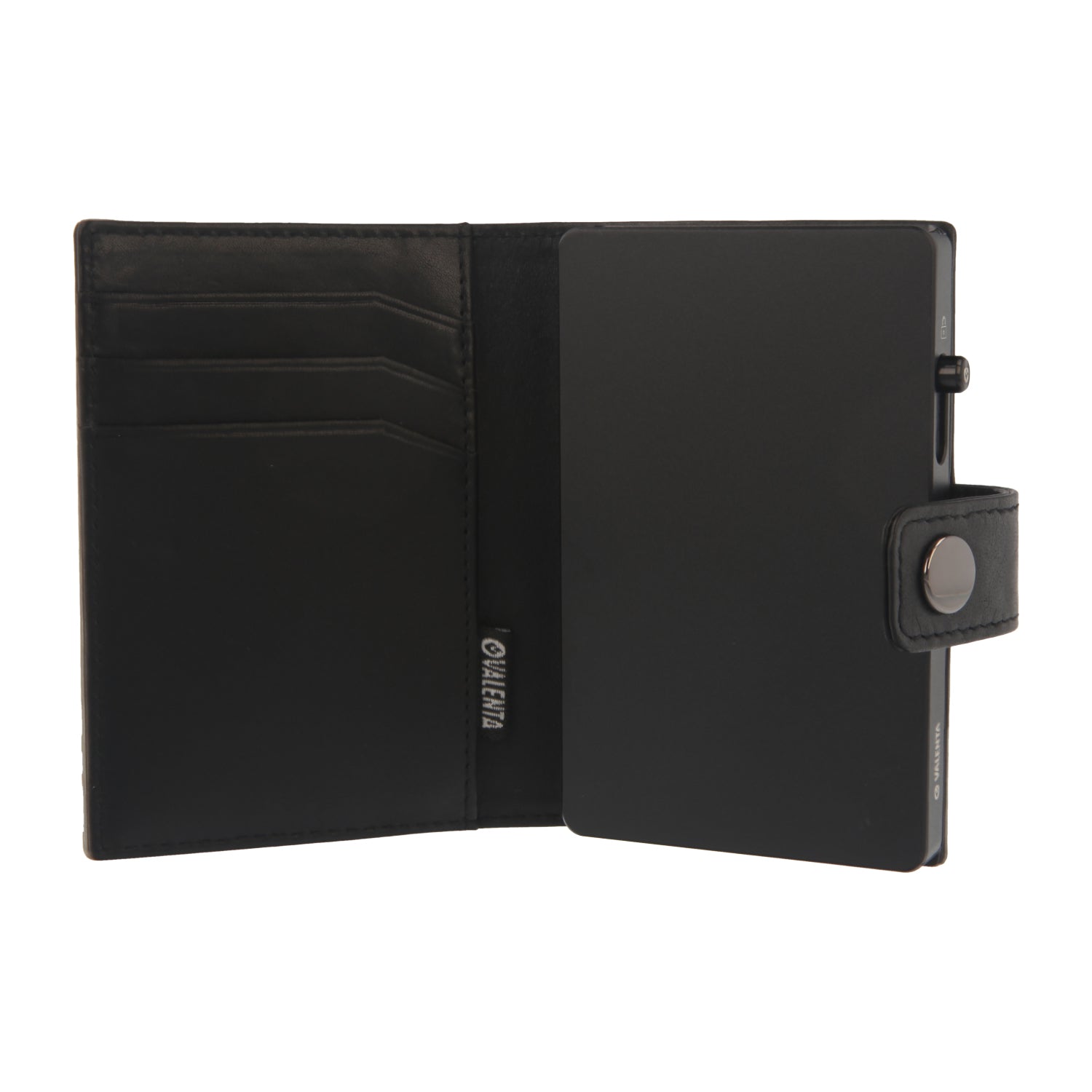 Valenta Mix & MagSafe 2 in 1 bundle with black aluminium card holder and black leather wallet , front view with opened wallet.