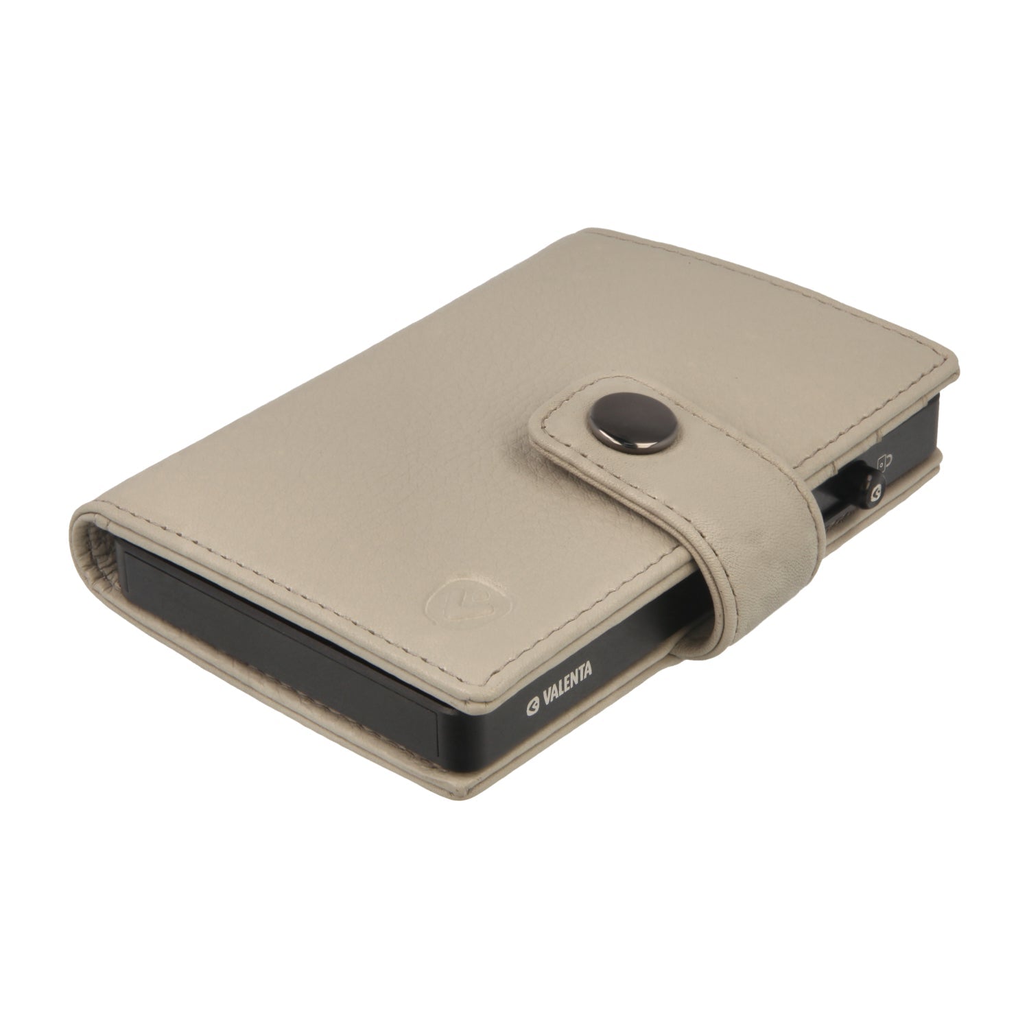 Valenta Mix & MagSafe 2 in 1 bundle with black aluminium card holder and off-white leather wallet , angled top view.