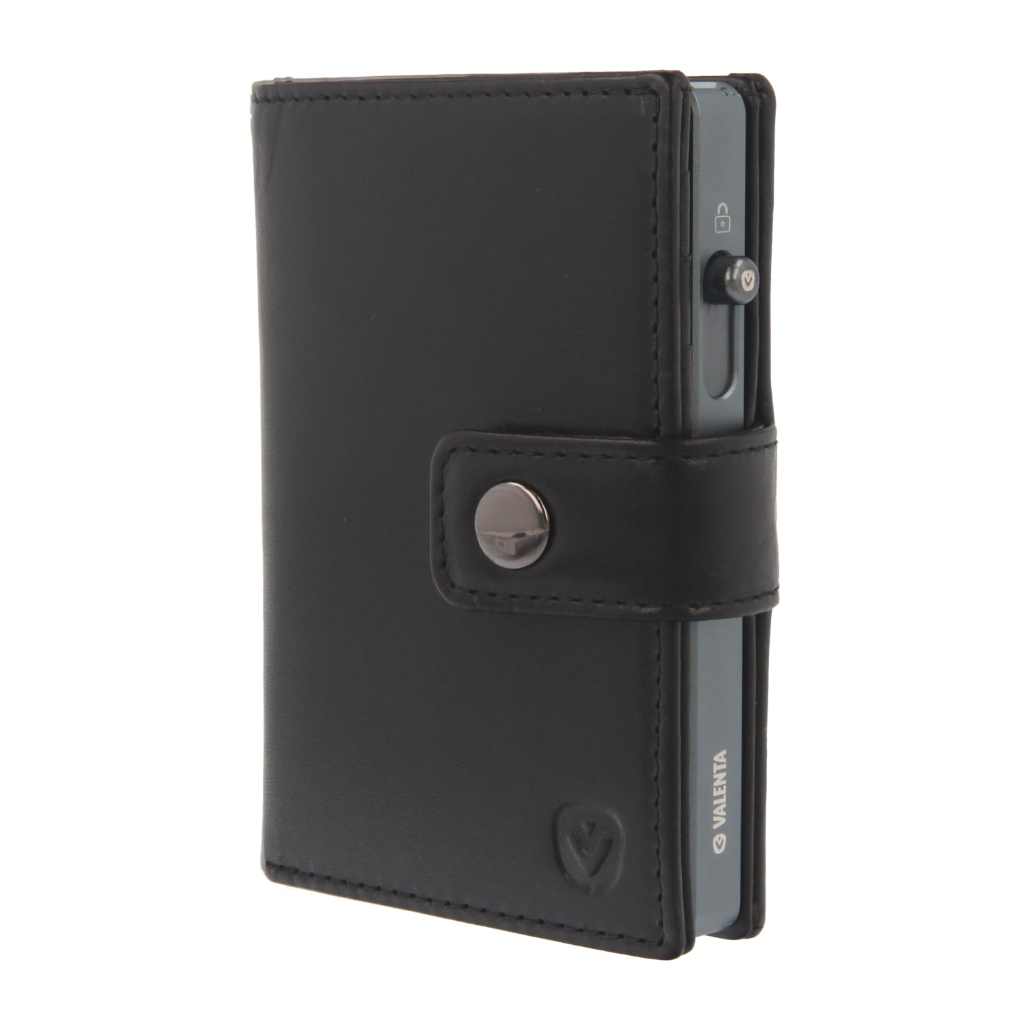 Valenta Mix & MagSafe 2 in 1 bundle with cool grey aluminium card holder and black leather wallet luxe, front angled view.