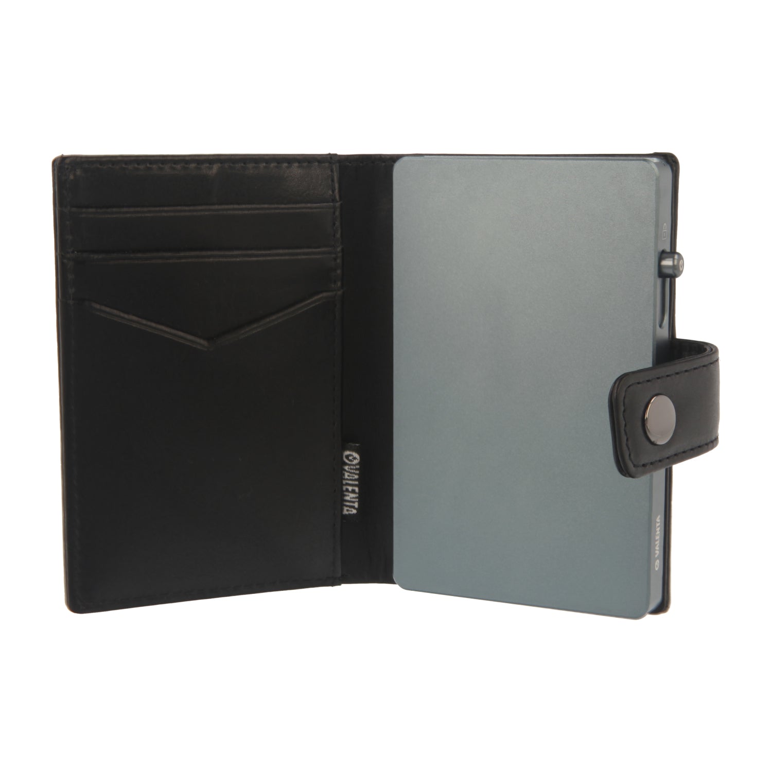 Valenta Mix & MagSafe 2 in 1 bundle with cool grey aluminium card holder and black leather wallet luxe, front view with opened wallet.
