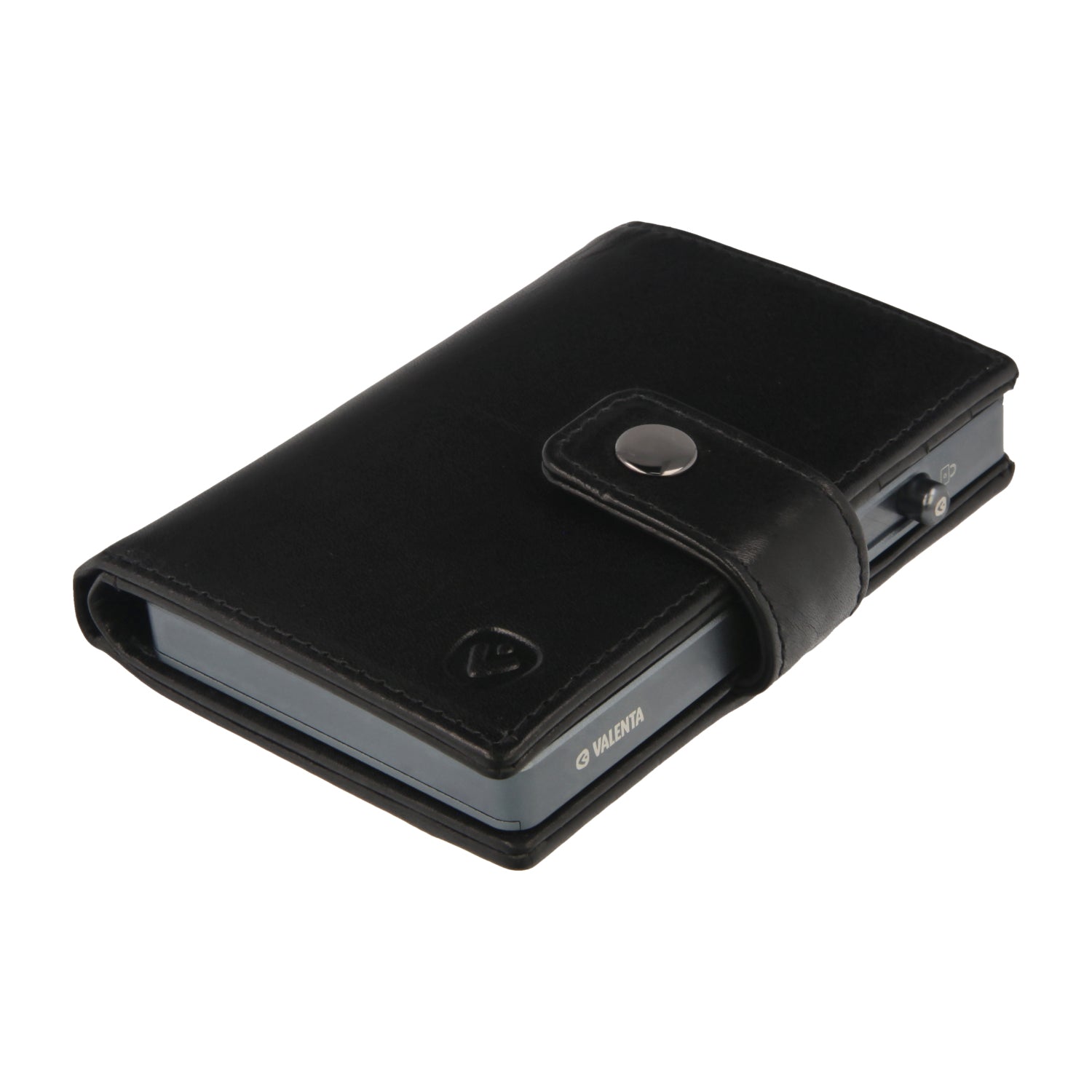 Valenta Mix & MagSafe 2 in 1 bundle with cool grey aluminium card holder and black leather wallet luxe, angled top view.