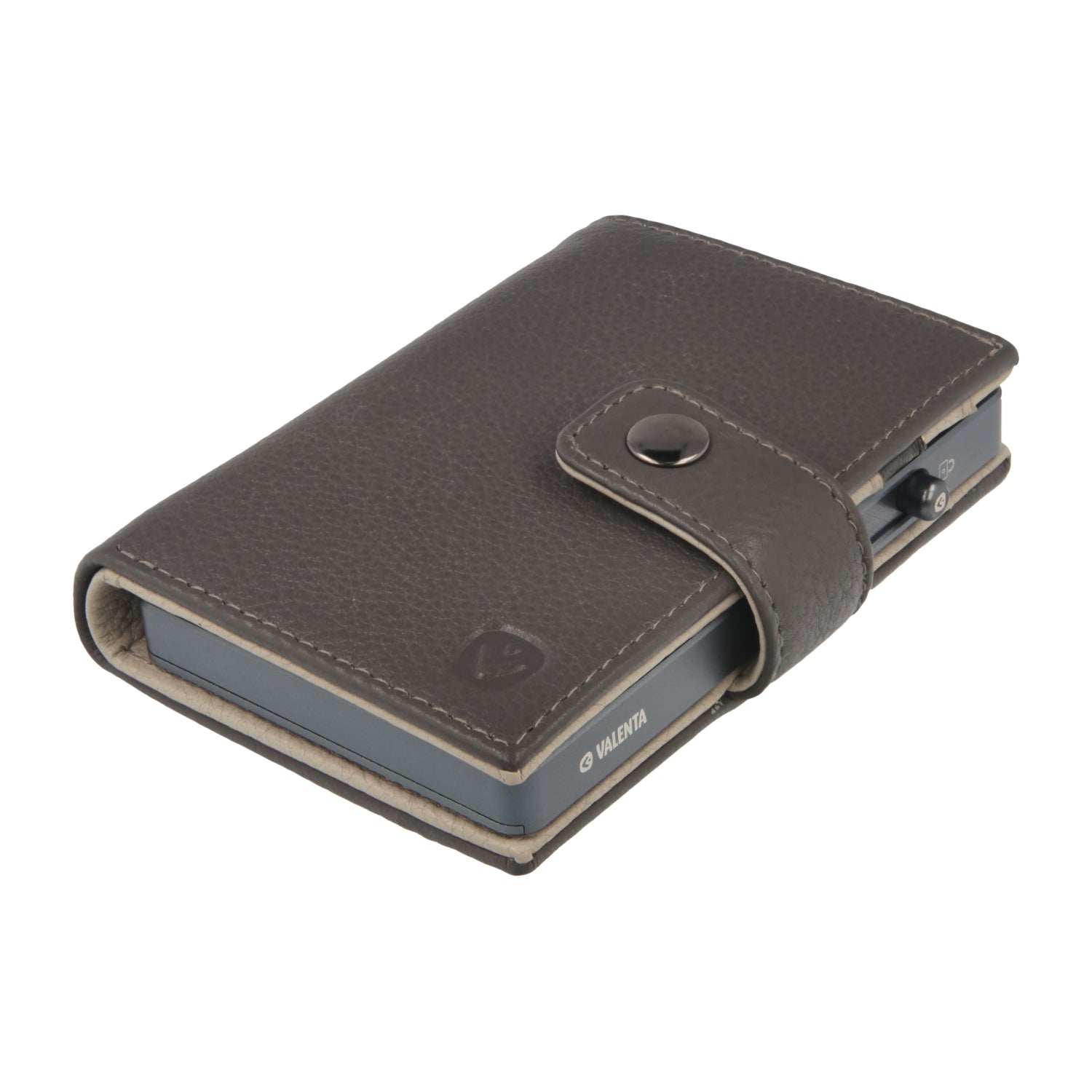 Valenta Mix & MagSafe 2 in 1 bundle with cool grey aluminium card holder and grey leather wallet luxe, angled top view.