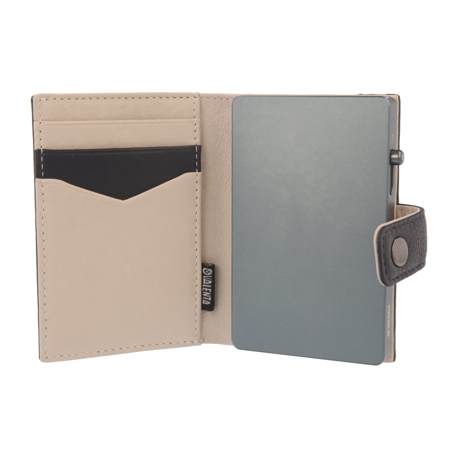 Valenta Mix & MagSafe 2 in 1 bundle with cool grey aluminium card holder and navy blue leather wallet luxe, front view with opened wallet.