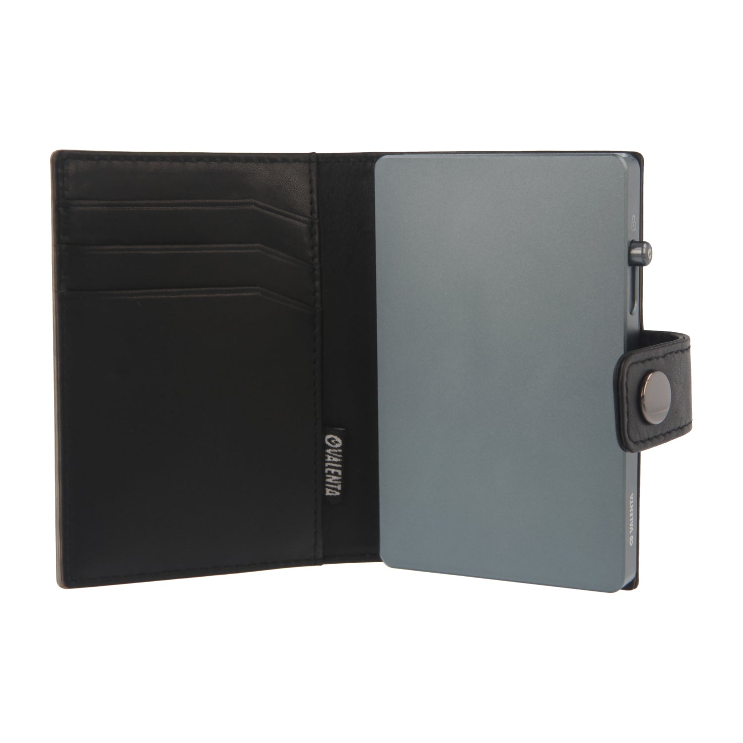 Valenta Mix & MagSafe 2 in 1 bundle with cool grey aluminium card holder and black leather wallet , front view with opened wallet.