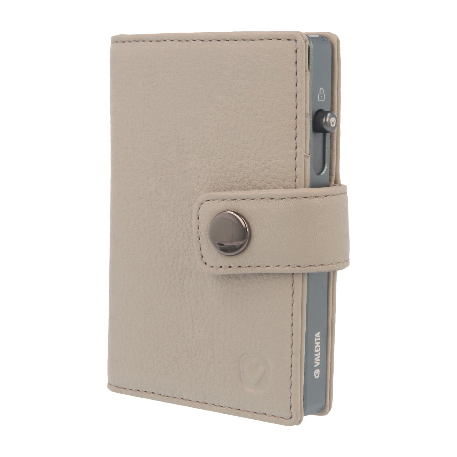 Valenta Mix & MagSafe 2 in 1 bundle with cool grey aluminium card holder and off-white leather wallet , front angled view.