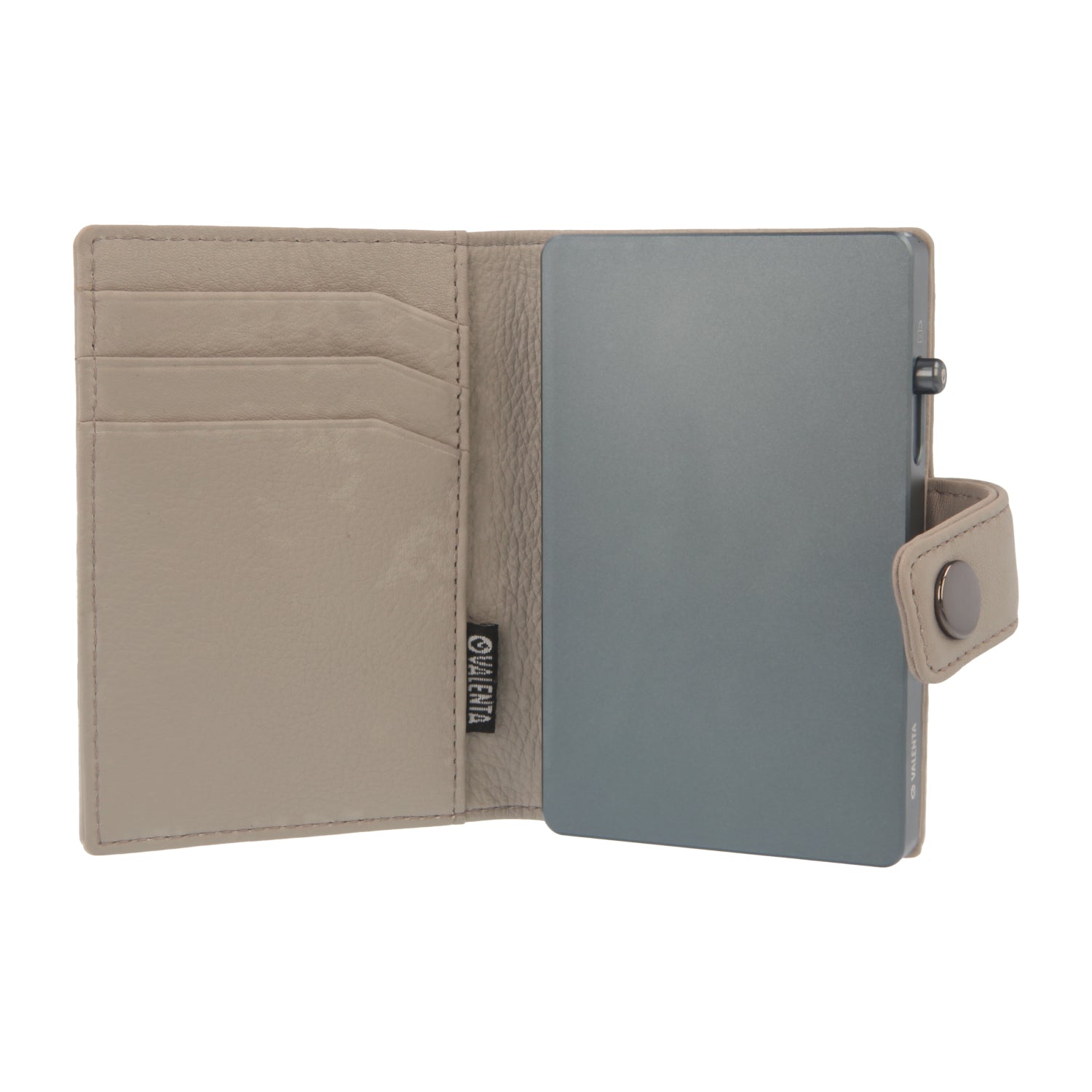 Valenta Mix & MagSafe 2 in 1 bundle with cool grey aluminium card holder and off-white leather wallet , front view with opened wallet.