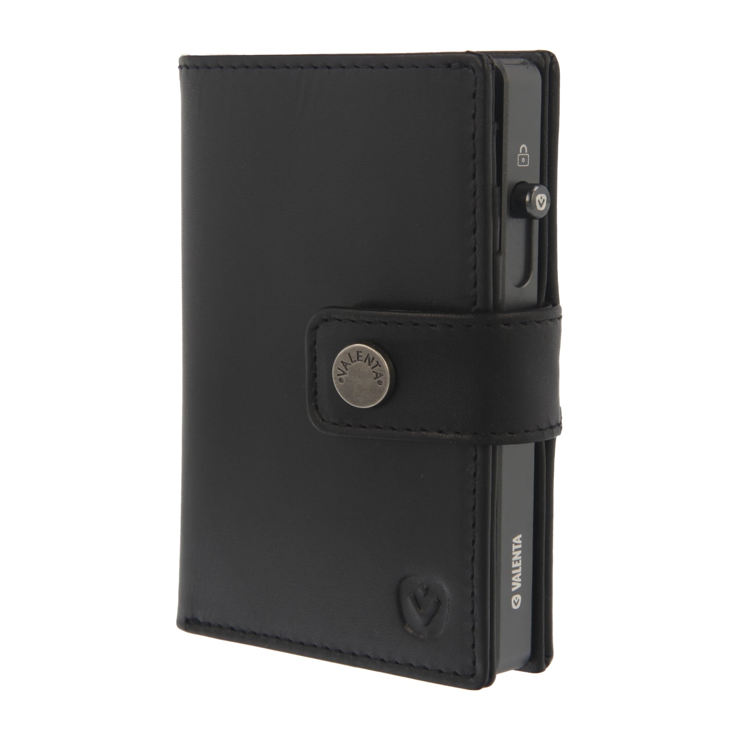 Valenta Mix & MagSafe 2 in 1 bundle with graphite grey aluminium card holder and black leather wallet luxe, front angled view.