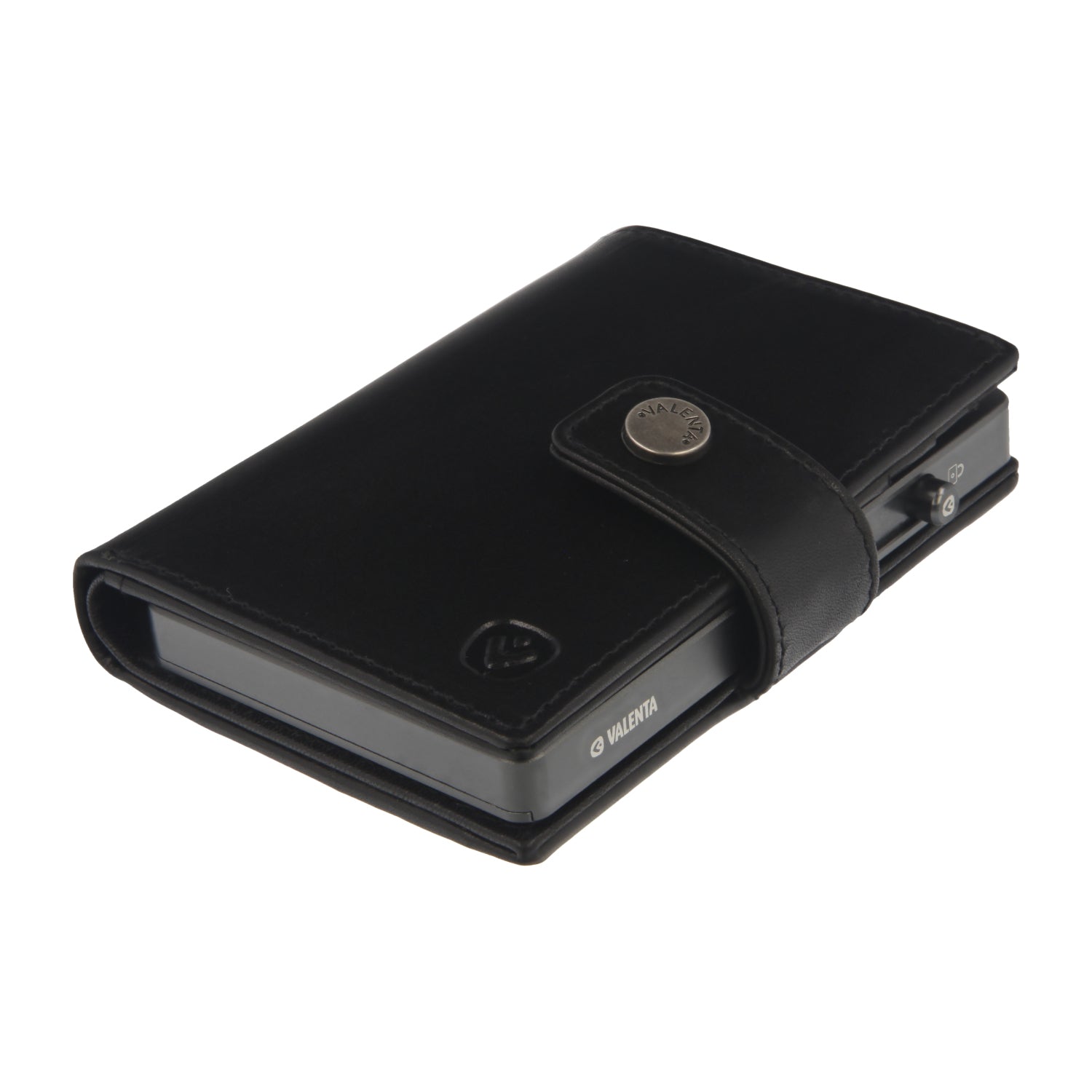 Valenta Mix & MagSafe 2 in 1 bundle with graphite grey aluminium card holder and black leather wallet luxe, angled top view.