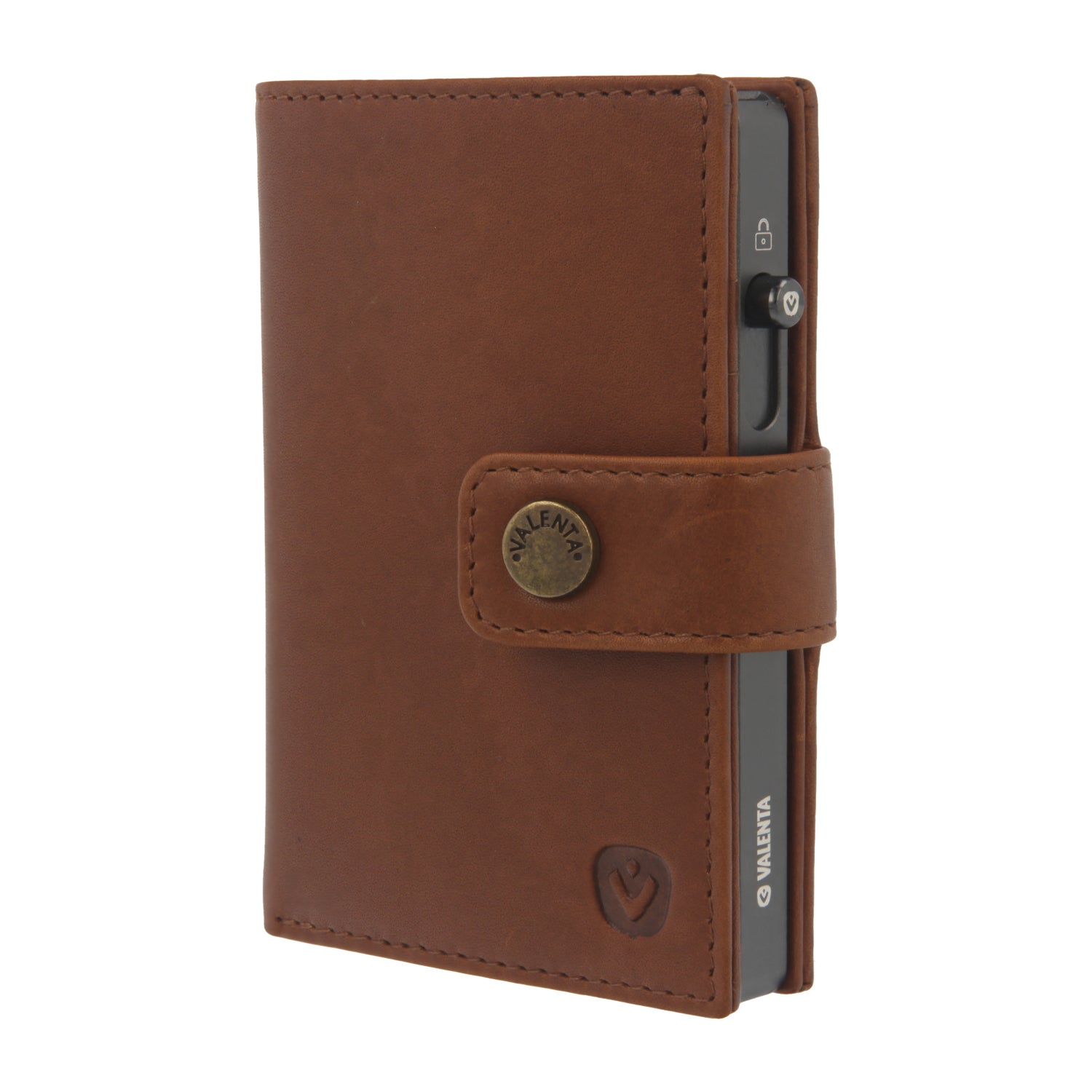 Valenta Mix & MagSafe 2 in 1 bundle with graphite grey aluminium card holder and cognac brown leather wallet luxe, front angled view.