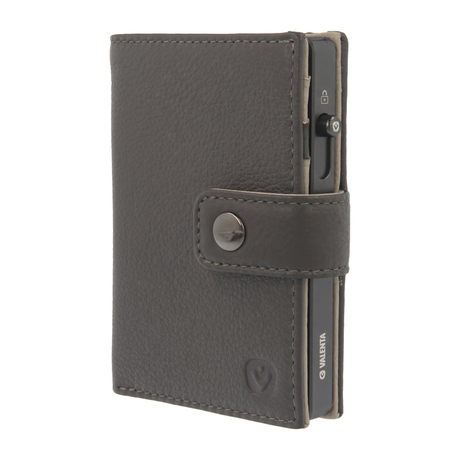 Valenta Mix & MagSafe 2 in 1 bundle with graphite grey aluminium card holder and grey leather wallet luxe, front angled view.