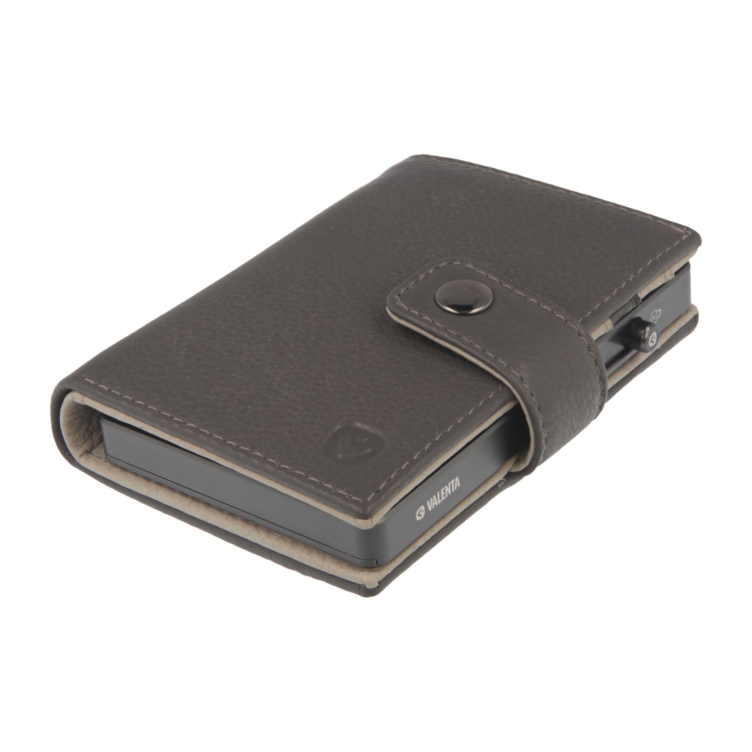 Valenta Mix & MagSafe 2 in 1 bundle with graphite grey aluminium card holder and grey leather wallet luxe, angled top view.