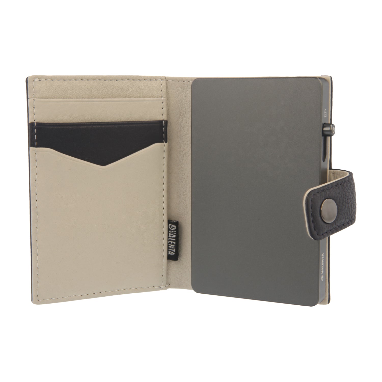 Valenta Mix & MagSafe 2 in 1 bundle with graphite grey aluminium card holder and navy blue leather wallet luxe, front view with opened wallet.