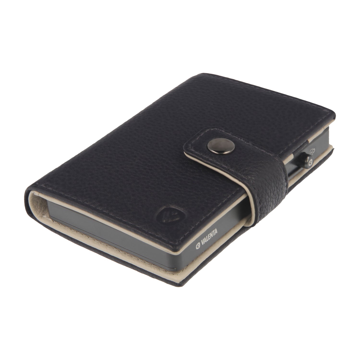 Valenta Mix & MagSafe 2 in 1 bundle with graphite grey aluminium card holder and navy blue leather wallet luxe, angled top view.