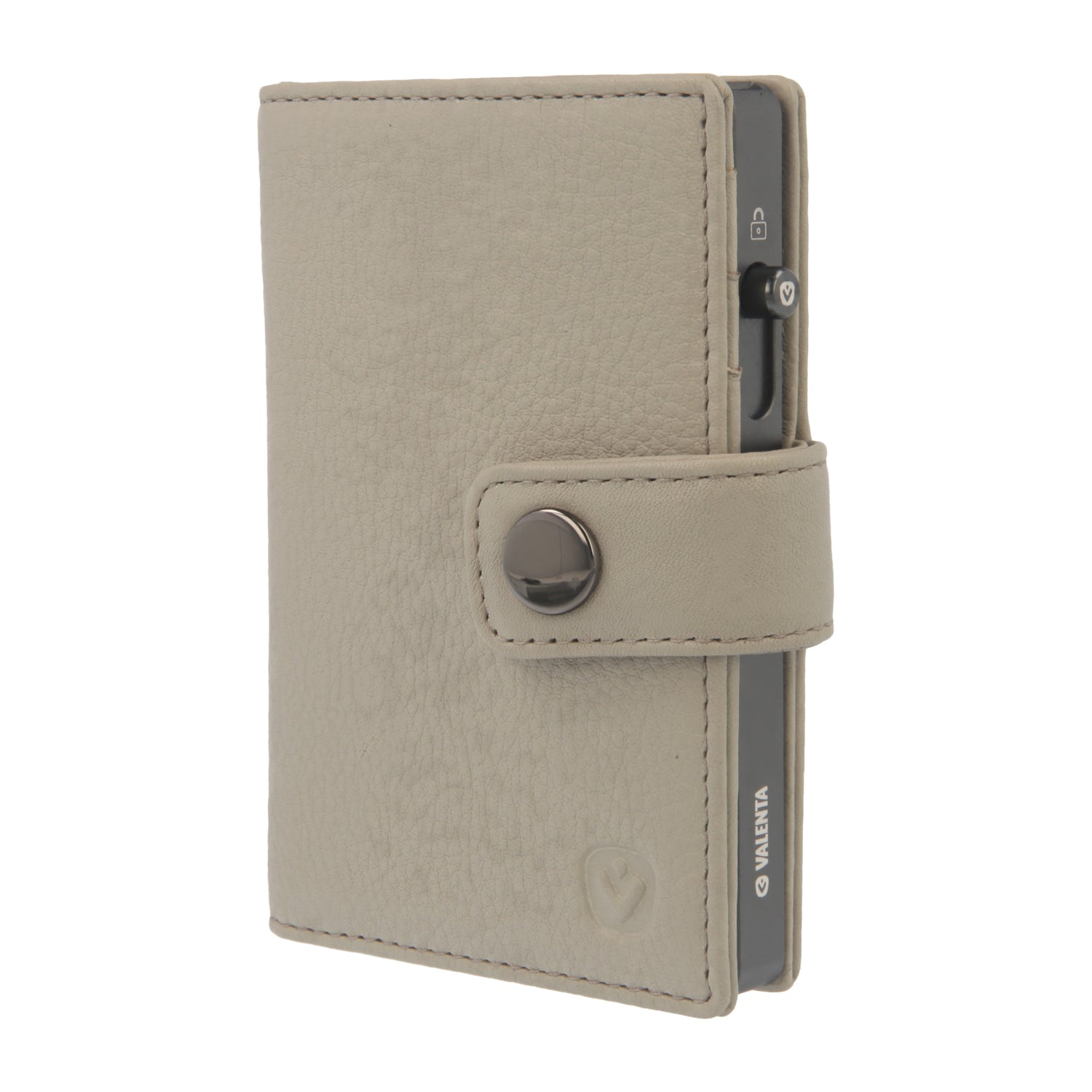 Valenta Mix & MagSafe 2 in 1 bundle with graphite grey aluminium card holder and off-white leather wallet , front angled view.