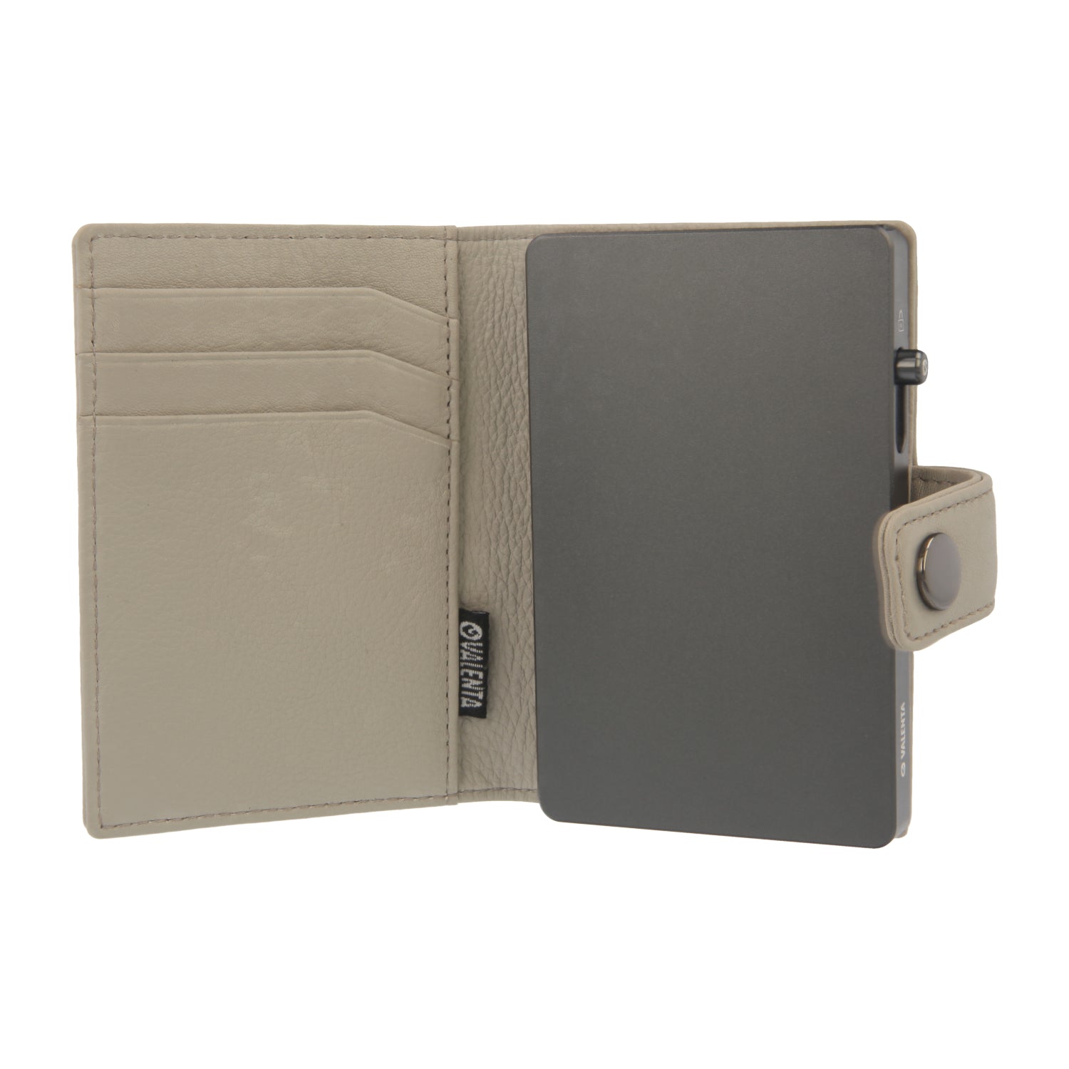 Valenta Mix & MagSafe 2 in 1 bundle with graphite grey aluminium card holder and off-white leather wallet , front view with opened wallet.