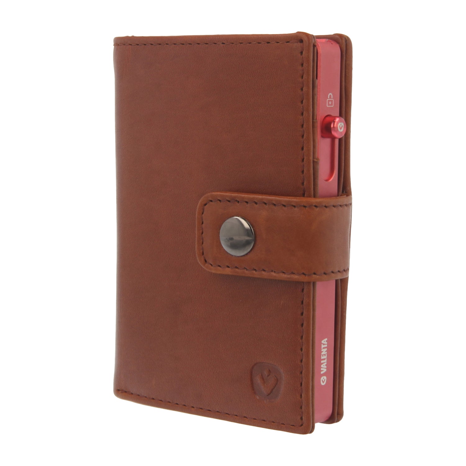 Valenta Mix & MagSafe 2 in 1 bundle with pink aluminium card holder and cognac brown leather wallet luxe, front angled view.