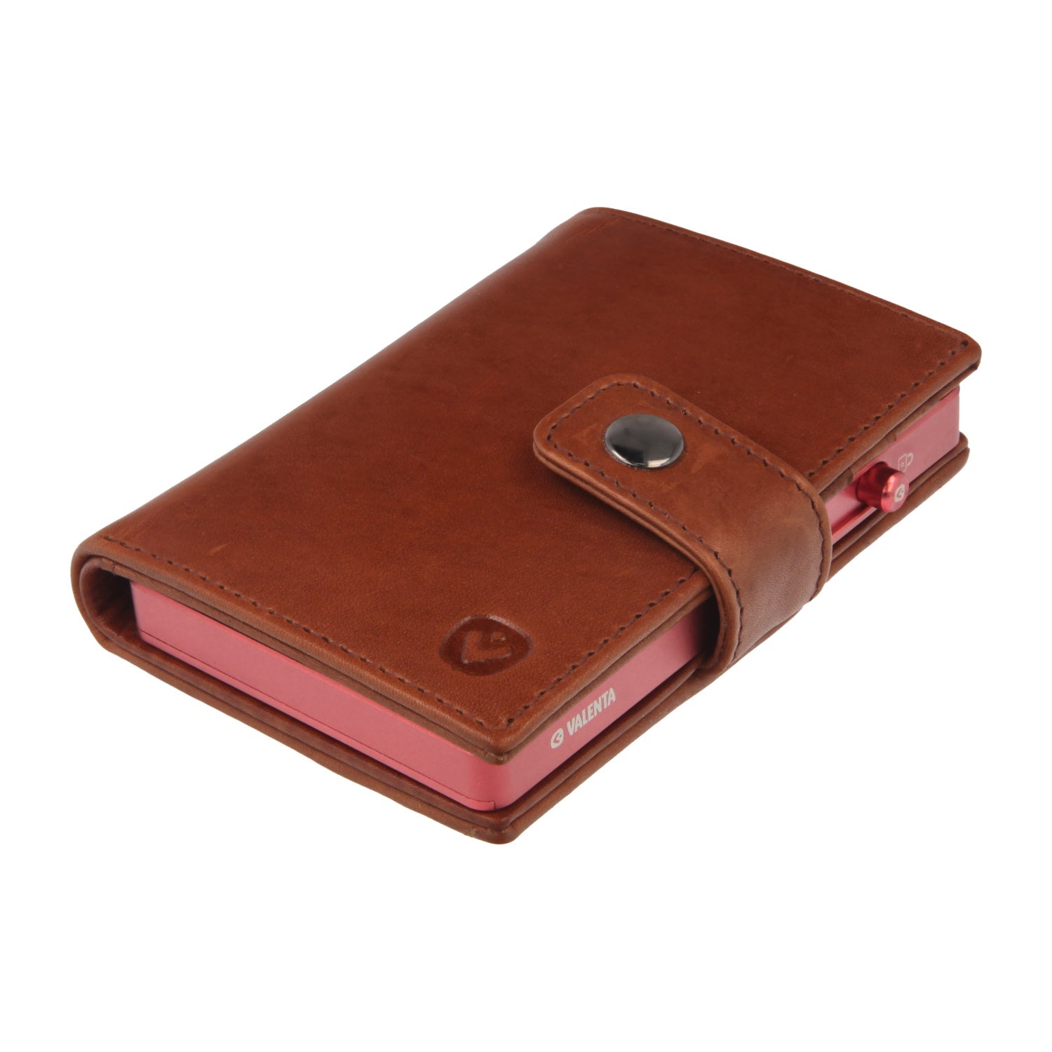 Valenta Mix & MagSafe 2 in 1 bundle with pink aluminium card holder and cognac brown leather wallet luxe, angled top view.