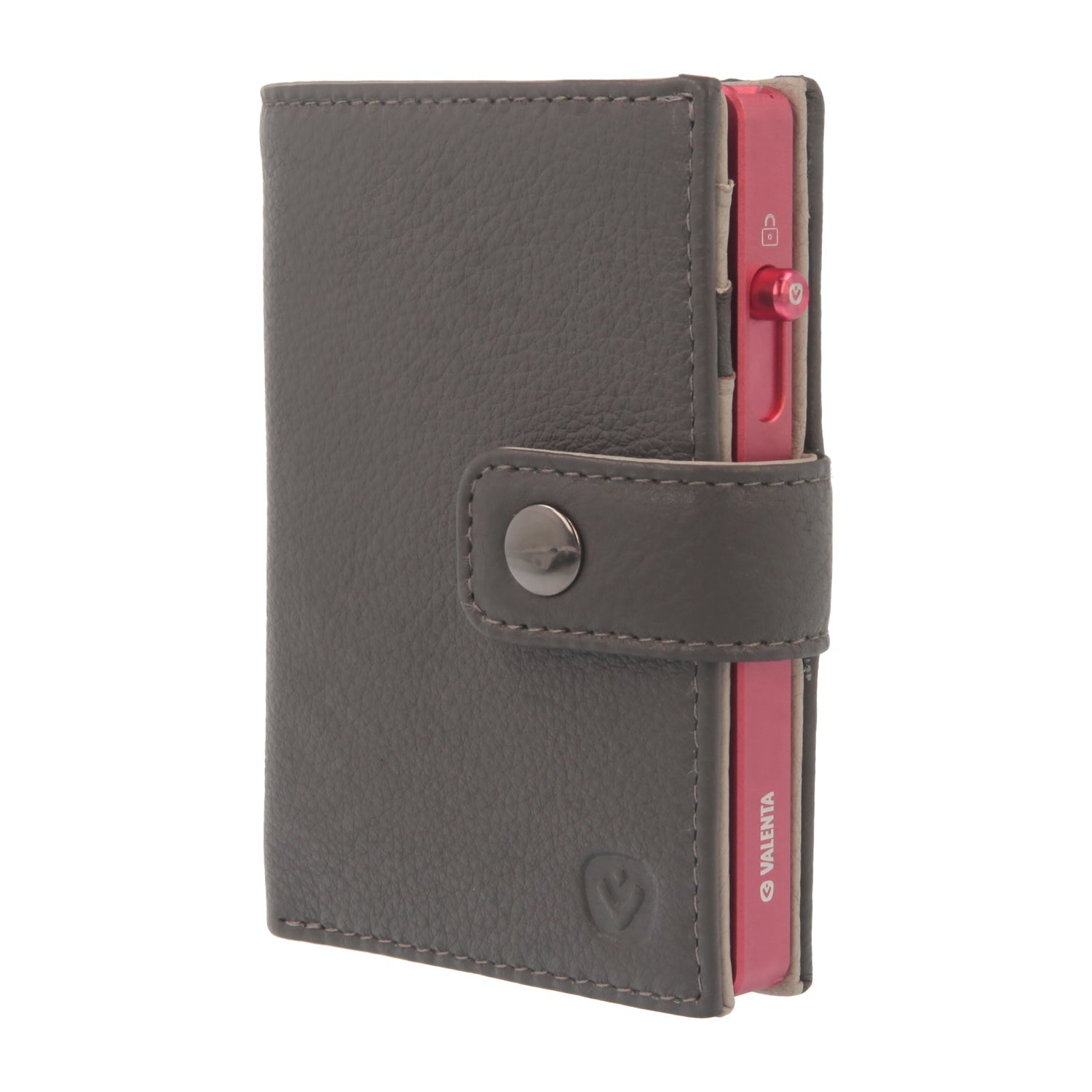 Valenta Mix & MagSafe 2 in 1 bundle with pink aluminium card holder and grey leather wallet luxe, front angled view.