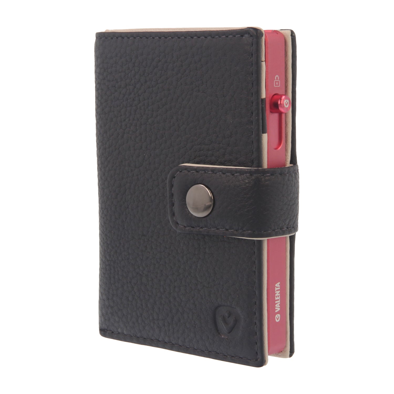 Valenta Mix & MagSafe 2 in 1 bundle with pink aluminium card holder and navy blue leather wallet luxe, front angled view.