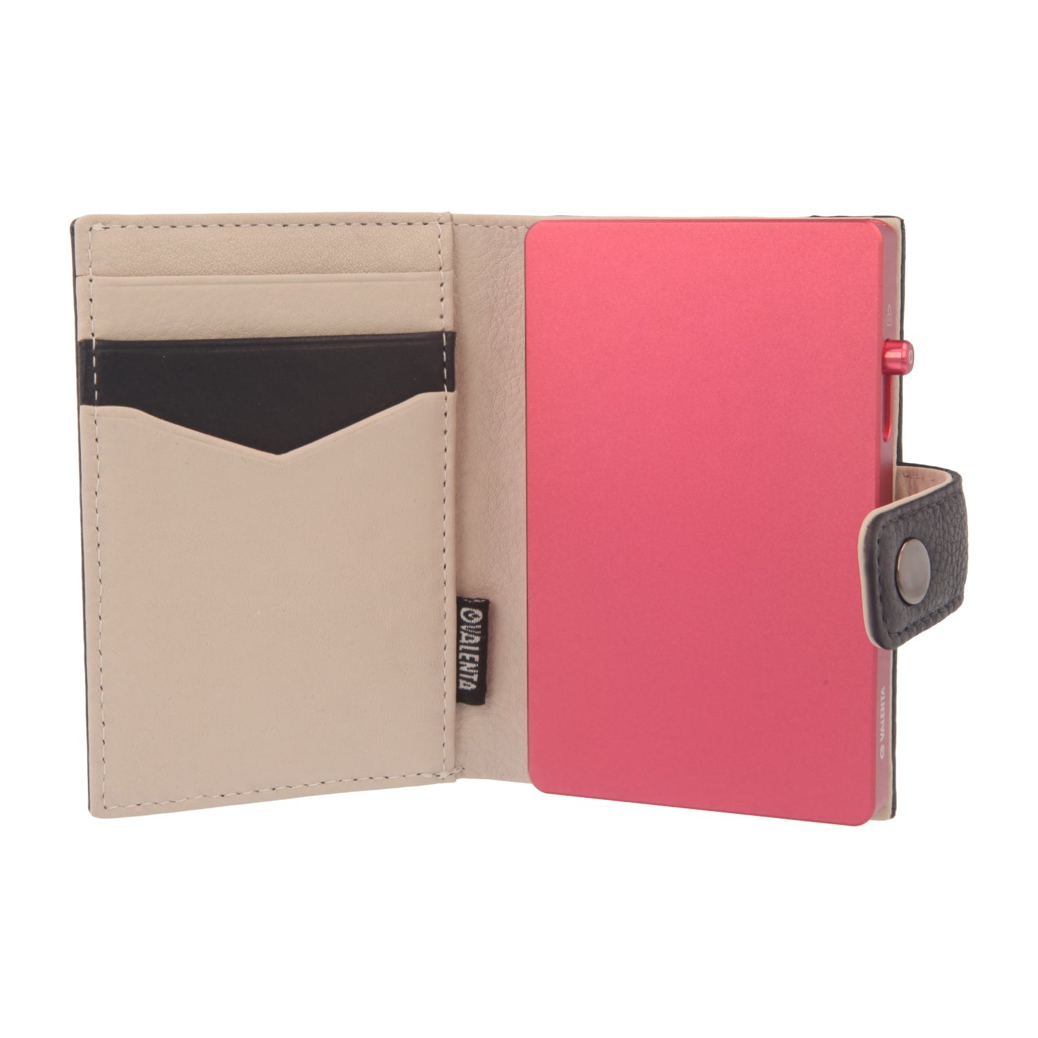 Valenta Mix & MagSafe 2 in 1 bundle with pink aluminium card holder and navy blue leather wallet luxe, front view with opened wallet.