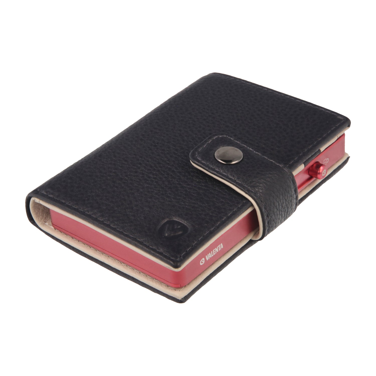 Valenta Mix & MagSafe 2 in 1 bundle with pink aluminium card holder and navy blue leather wallet luxe, angled top view.