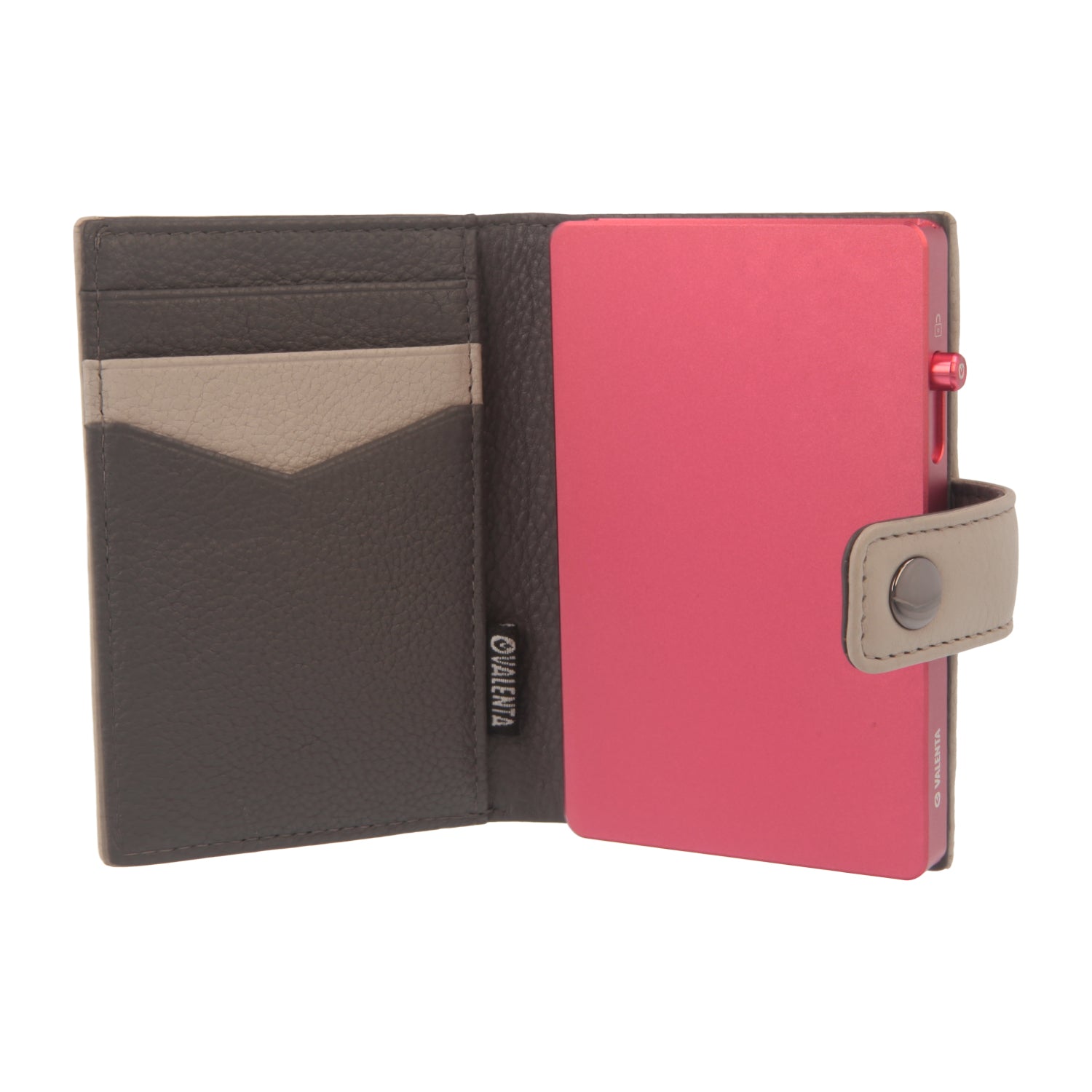 Valenta Mix & MagSafe 2 in 1 bundle with pink aluminium card holder and off-white leather wallet luxe, front view with opened wallet.