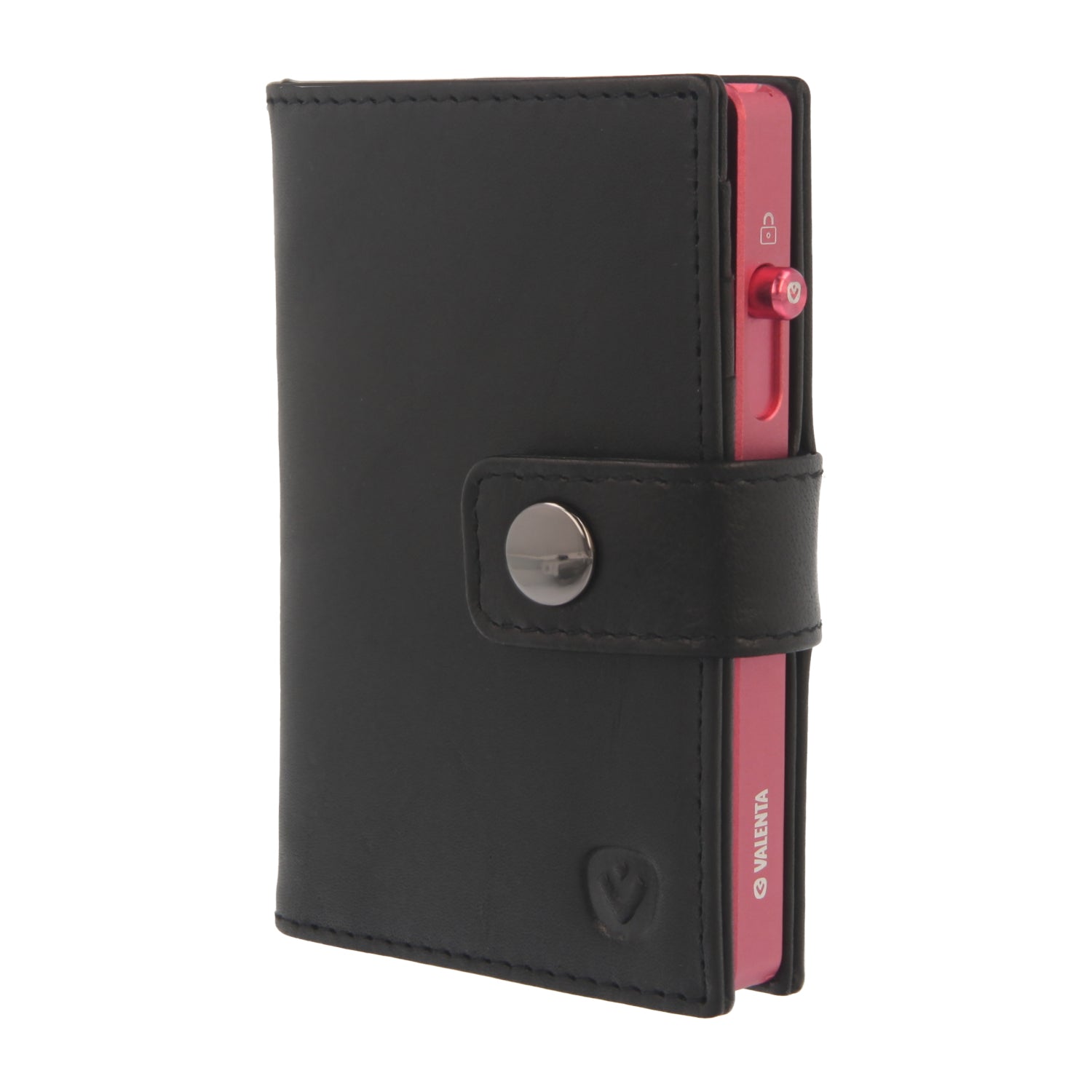 Valenta Mix & MagSafe 2 in 1 bundle with pink aluminium card holder and black leather wallet , front angled view.