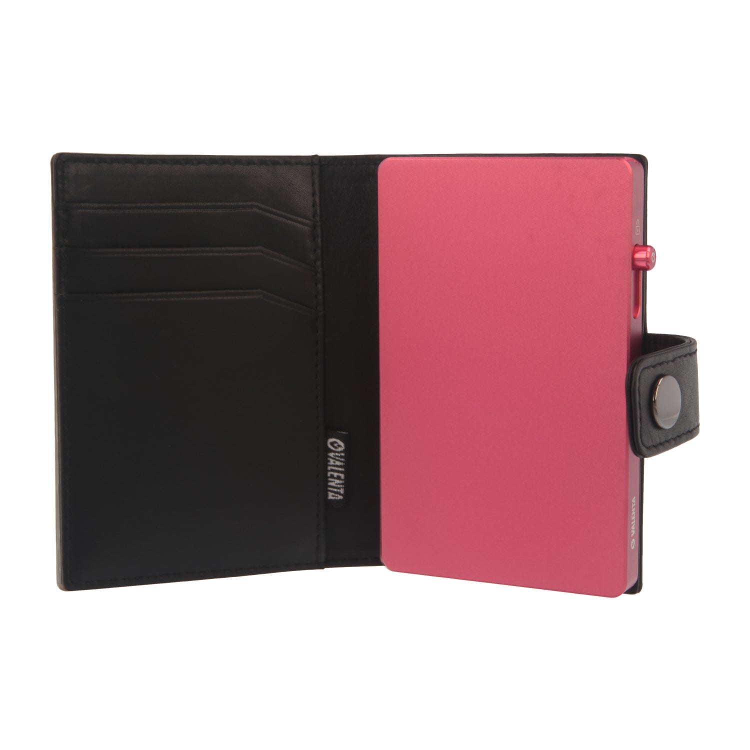 Valenta Mix & MagSafe 2 in 1 bundle with pink aluminium card holder and black leather wallet , front view with opened wallet.