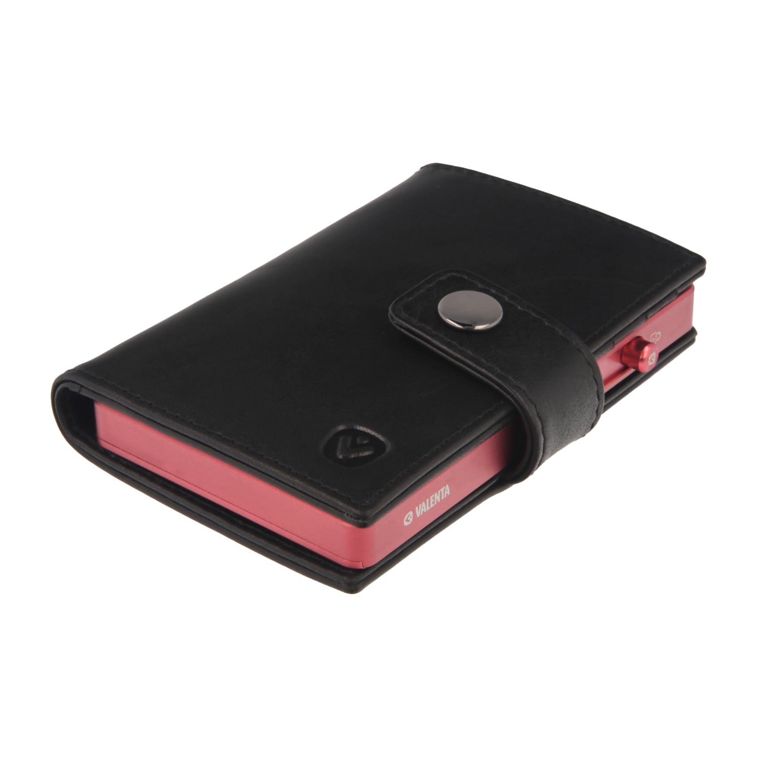Valenta Mix & MagSafe 2 in 1 bundle with pink aluminium card holder and black leather wallet , angled top view.