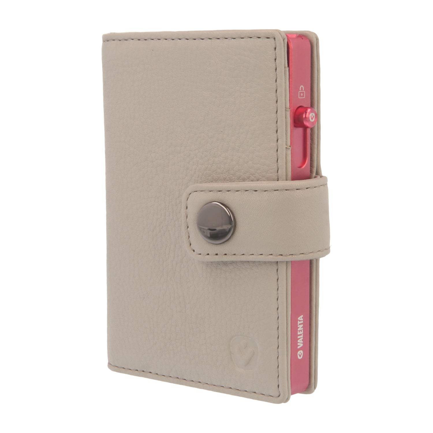 Valenta Mix & MagSafe 2 in 1 bundle with pink aluminium card holder and off-white leather wallet , front angled view.