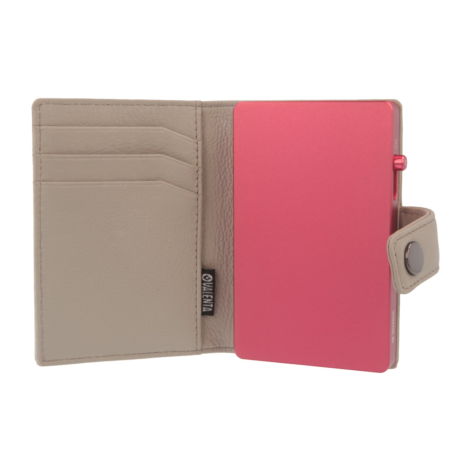 Valenta Mix & MagSafe 2 in 1 bundle with pink aluminium card holder and off-white leather wallet , front view with opened wallet.