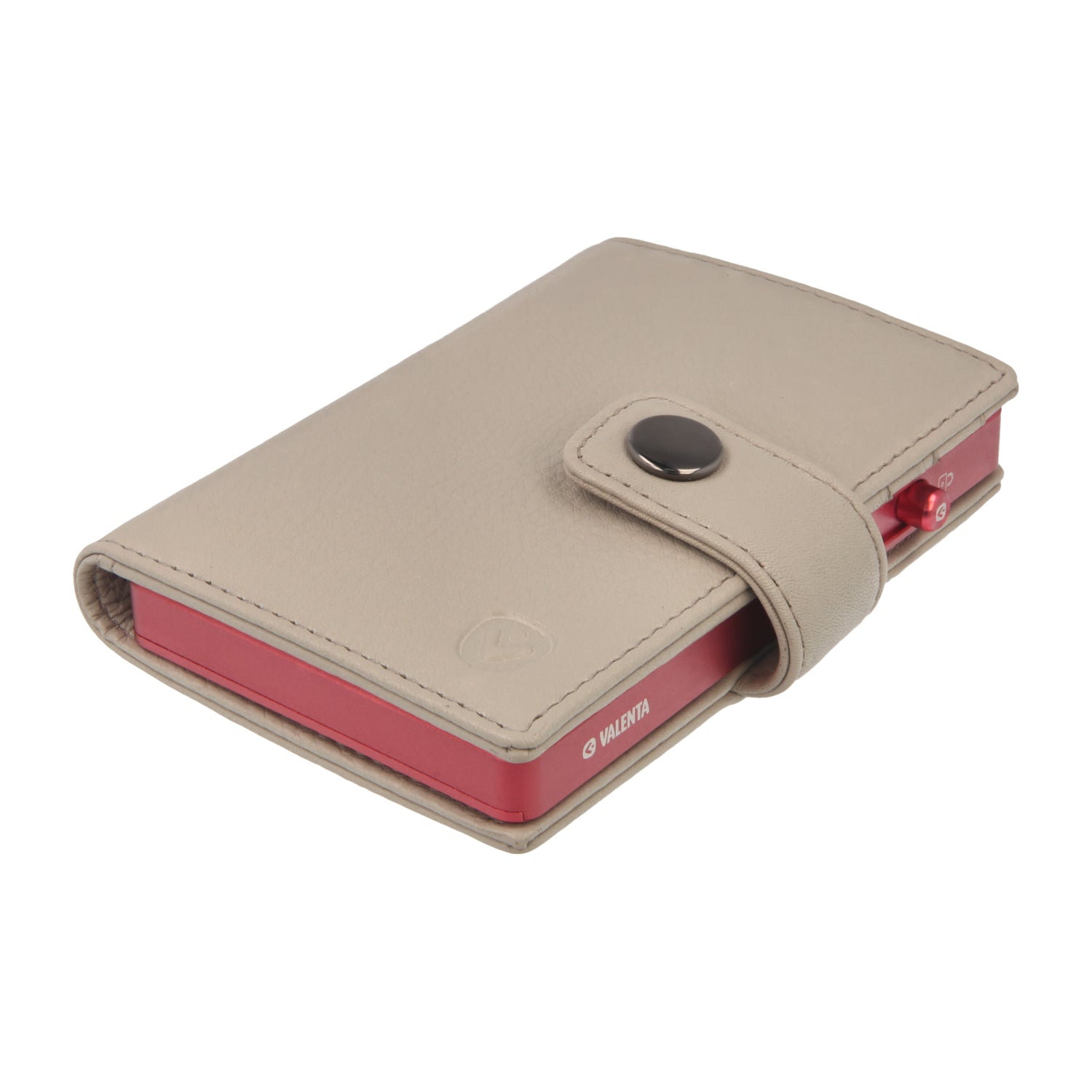 Valenta Mix & MagSafe 2 in 1 bundle with pink aluminium card holder and off-white leather wallet , angled top view.