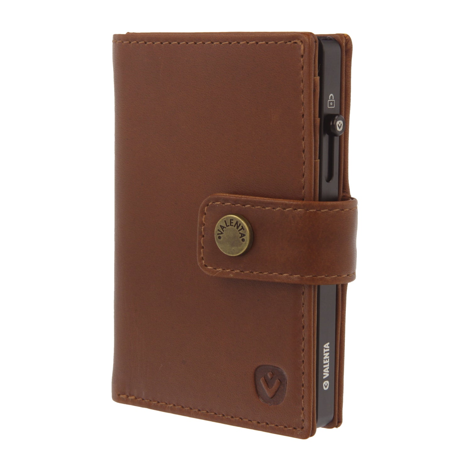 Valenta Mix & MagSafe 2 in 1 bundle with black super thin aluminium card holder and cognac brown leather wallet luxe, front angled view.