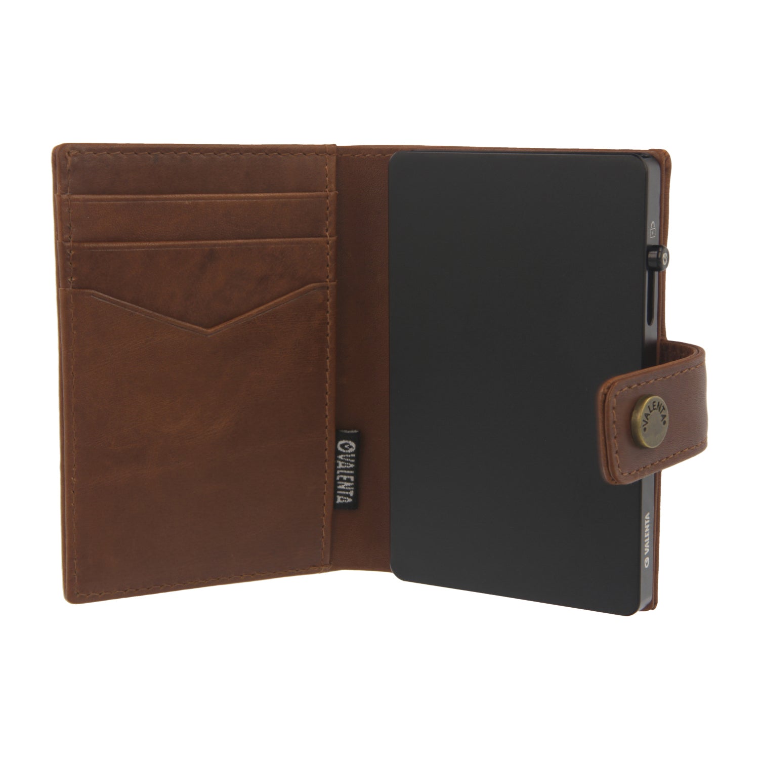 Valenta Mix & MagSafe 2 in 1 bundle with black super thin aluminium card holder and cognac brown leather wallet luxe, front view with opened wallet.