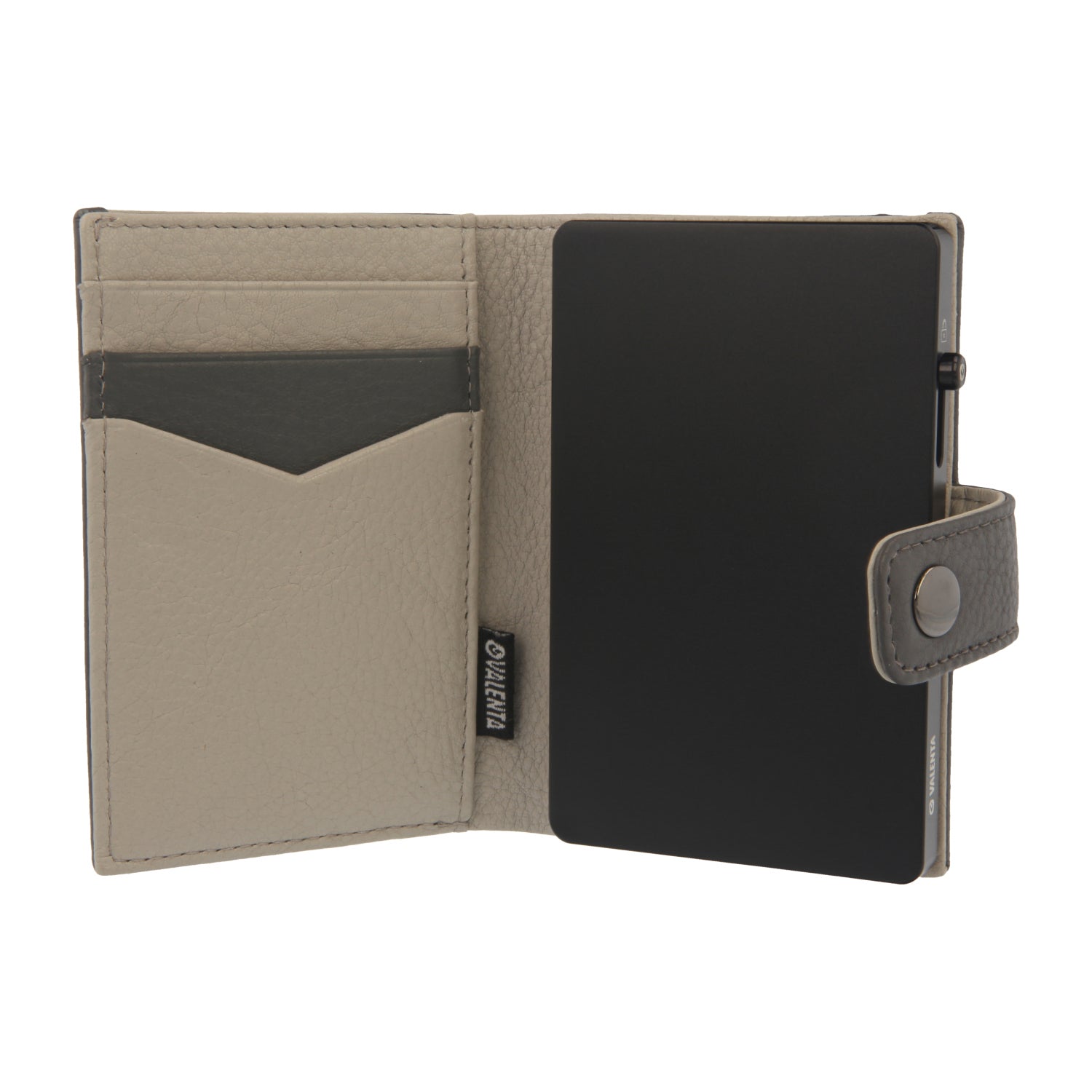 Valenta Mix & MagSafe 2 in 1 bundle with black super thin aluminium card holder and grey leather wallet luxe, front view with opened wallet.